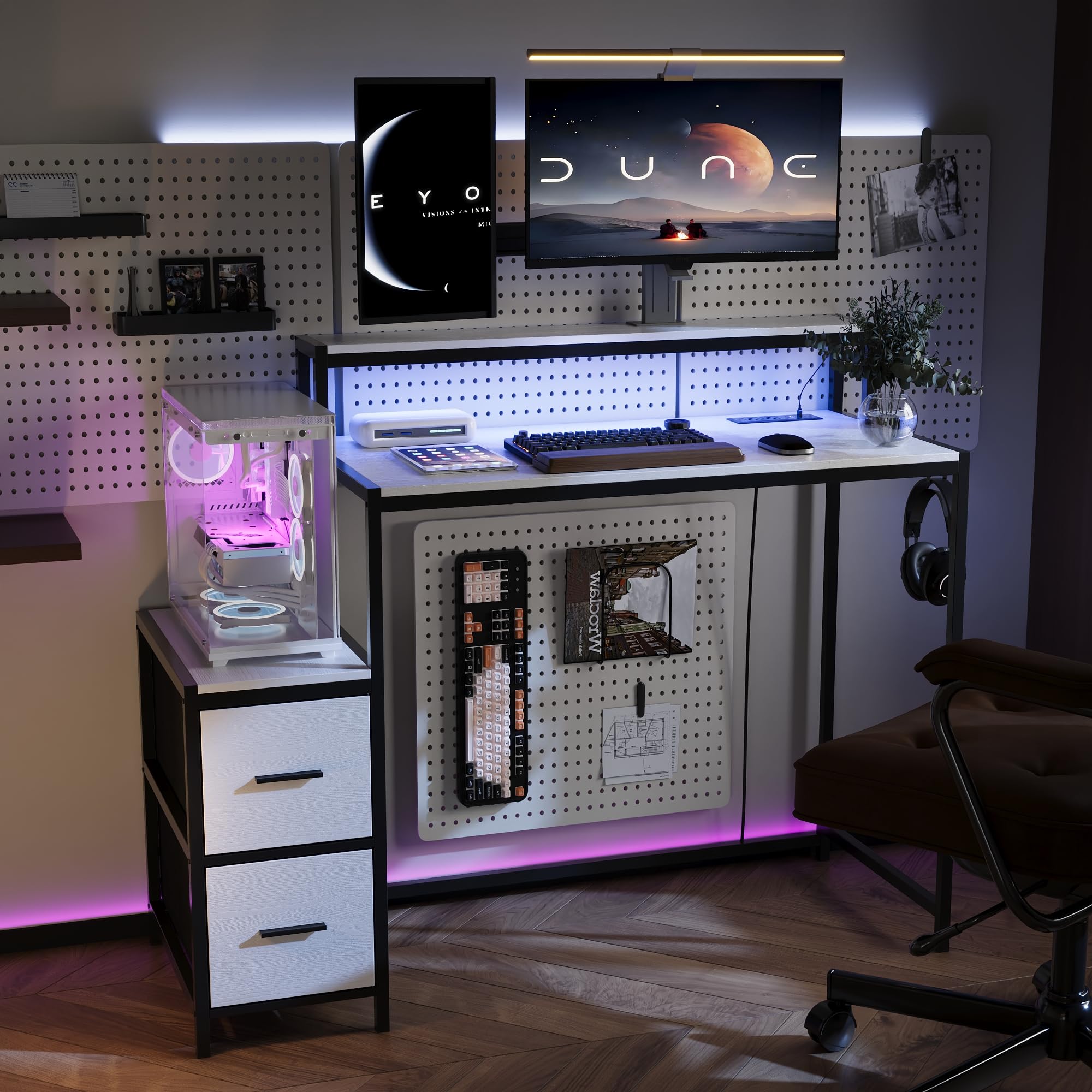 Gaming-Schreibtisch mit stoffgefütterten Schubladen, Gaming Tisch, Groß Pc Computertisch, Computertisch mit 2 großen unabhängigen Schubladen, 100 x 48 x 90 cm, Weiß + Schwarz