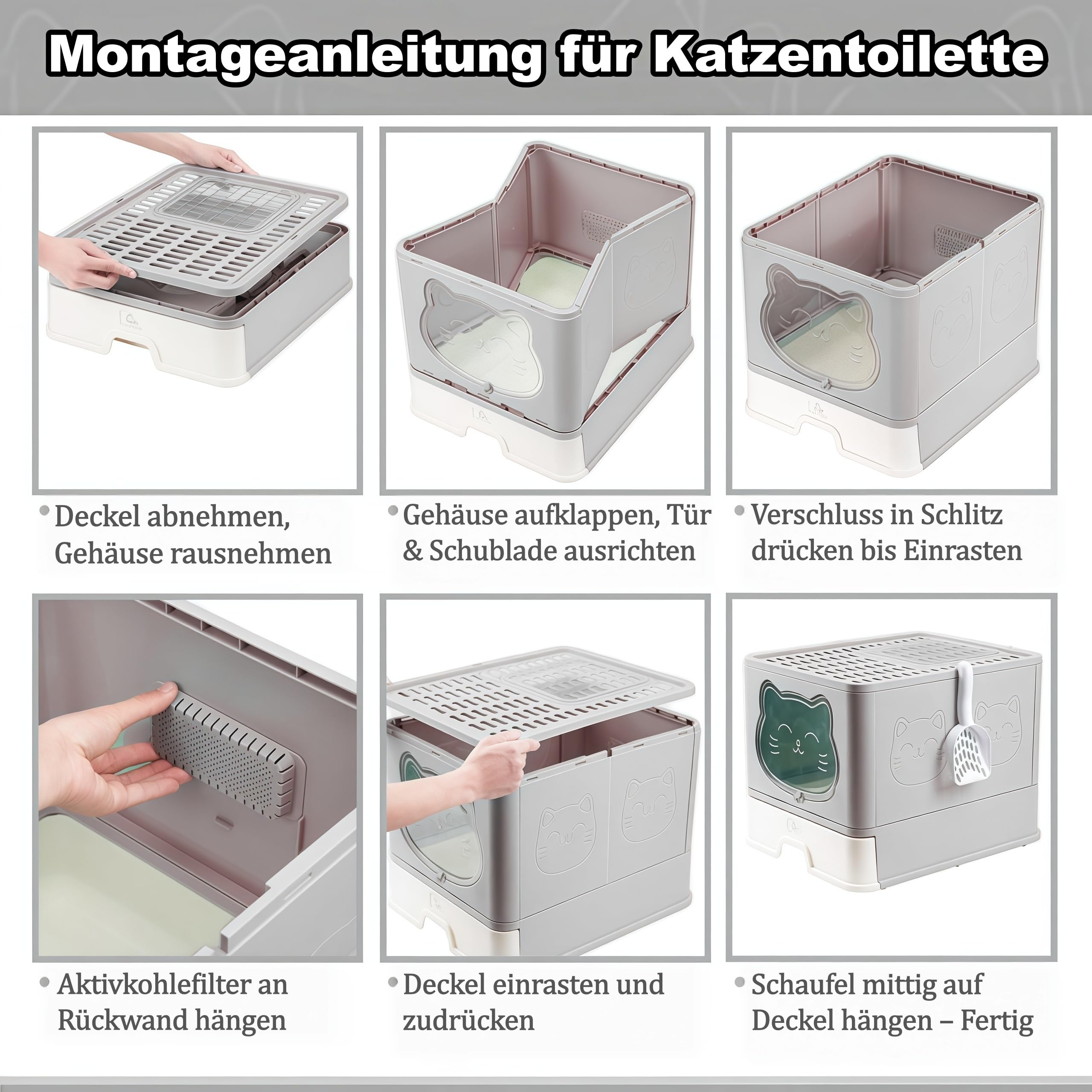 Geschlossenes Edelstahl-Katzenklo mit Deckel und Schublade | Geruchsabdichtendes XL Katzentoilette inkl. Schaufel & Streumatte Grau