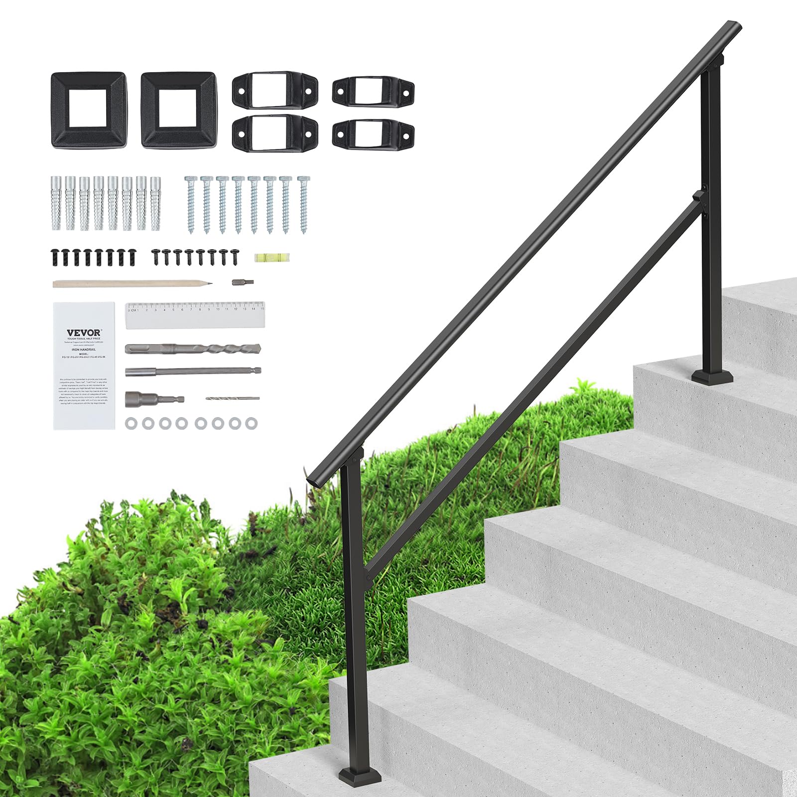 vevor handrails for outdoor steps, 5 step stair hand rail kit, transitional carbon steel railings with installation kit, stair rails for seniors, concrete steps & porch & deck, black square tube