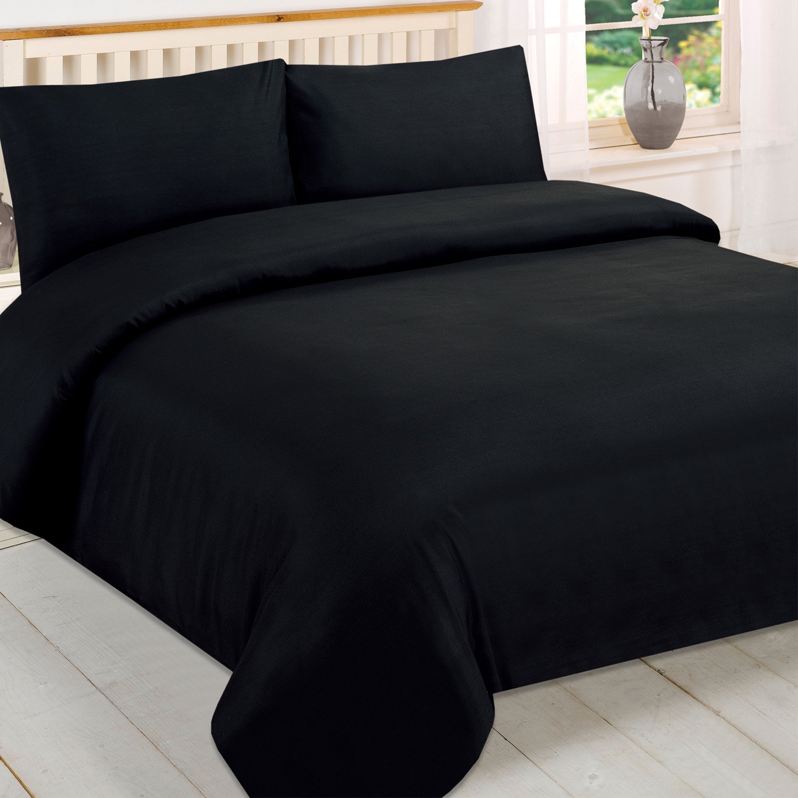 Looms & Leaves Black 100% Percale Poly Cotton Rich Duvet Quilt Cover Bedding Set Soft Feel (, Single)