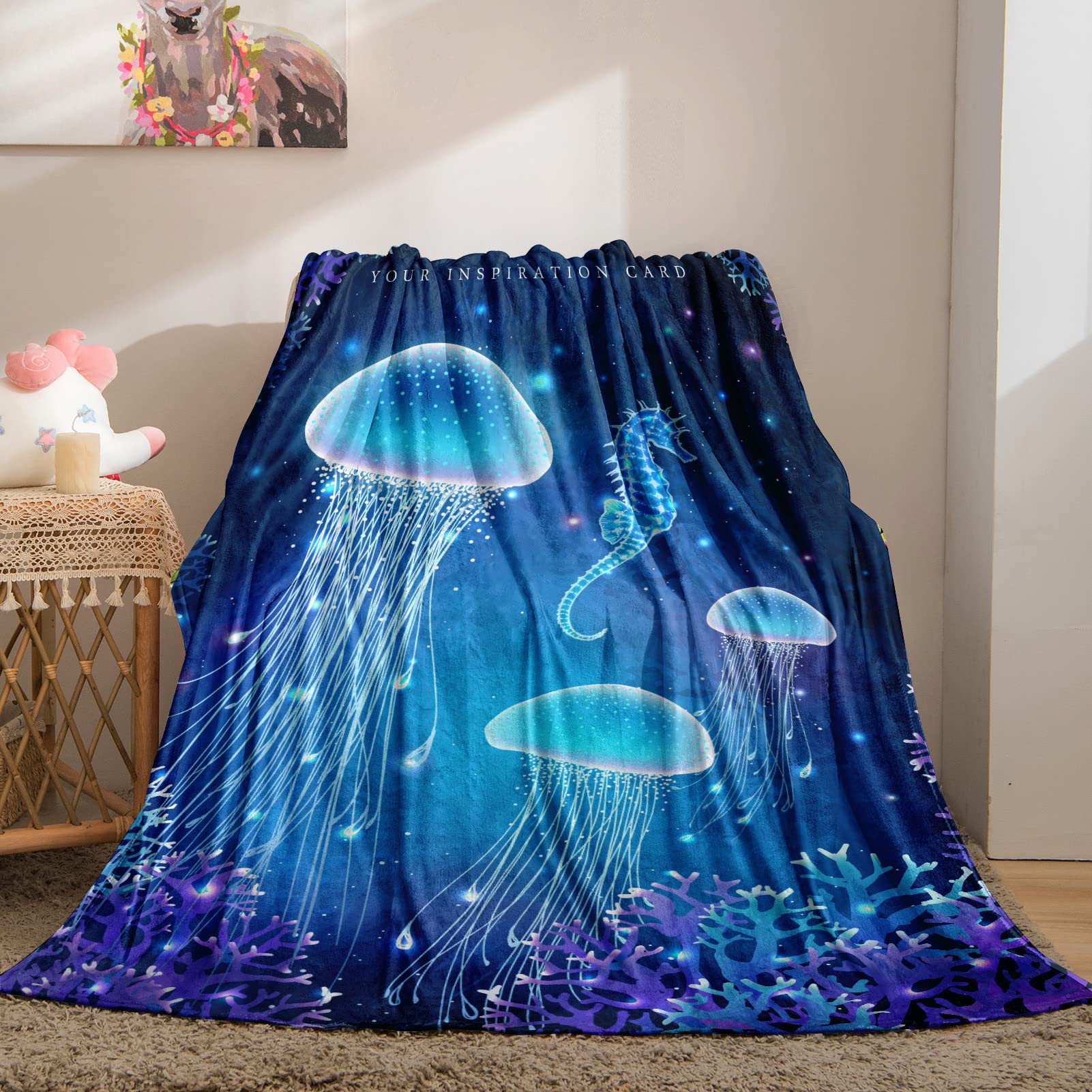 YUANZU Ocean Blanket Throw, Kids Jellyfish Seahorse Underwater World Print Pattern Soft Cozy Flannel Baby Blanket, Warm Lightweight Plush Throw Couch Sofa Bed Cover, Gifts for Nursery 40x50 inch