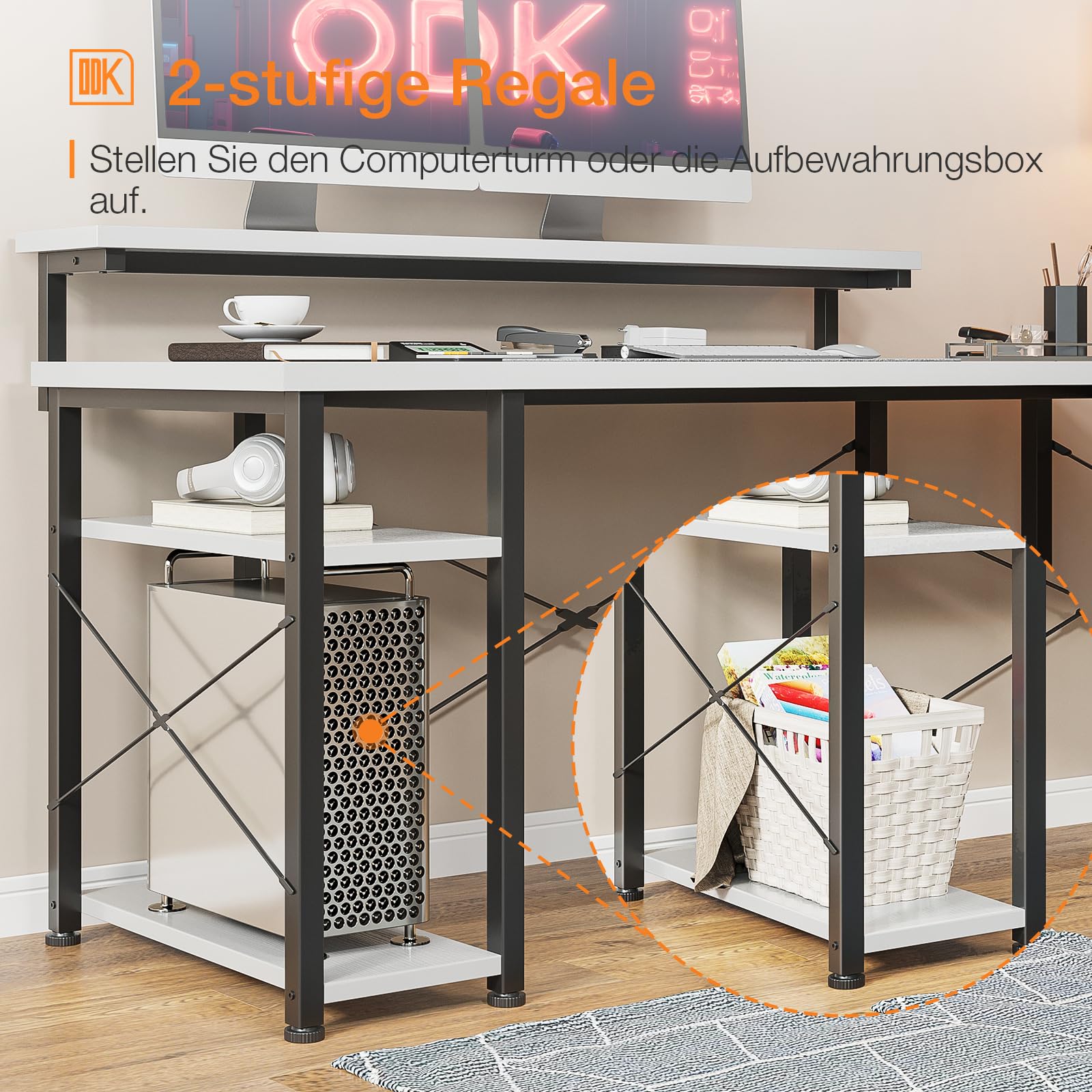 ODK Eckschreibtisch mit Regal, 137 × 140 cm, Reversibel, Weiß | Gaming Tisch und Schreibtisch in L-Form mit Stauraum und Ausstellungsfläche für Homeoffice und Büro