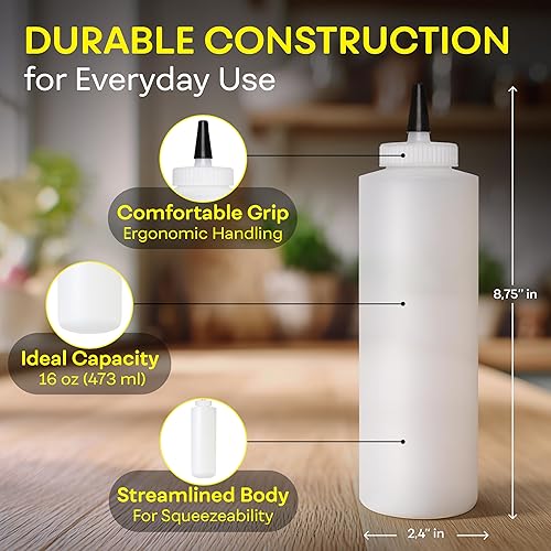 Miniatura 3 de BRIGHTFROM Botellas exprimibles de condimentos de 16 onzas de cuello ancho, botellas vacías para chorros  Tapa superior extraíble, a prueba de fugas