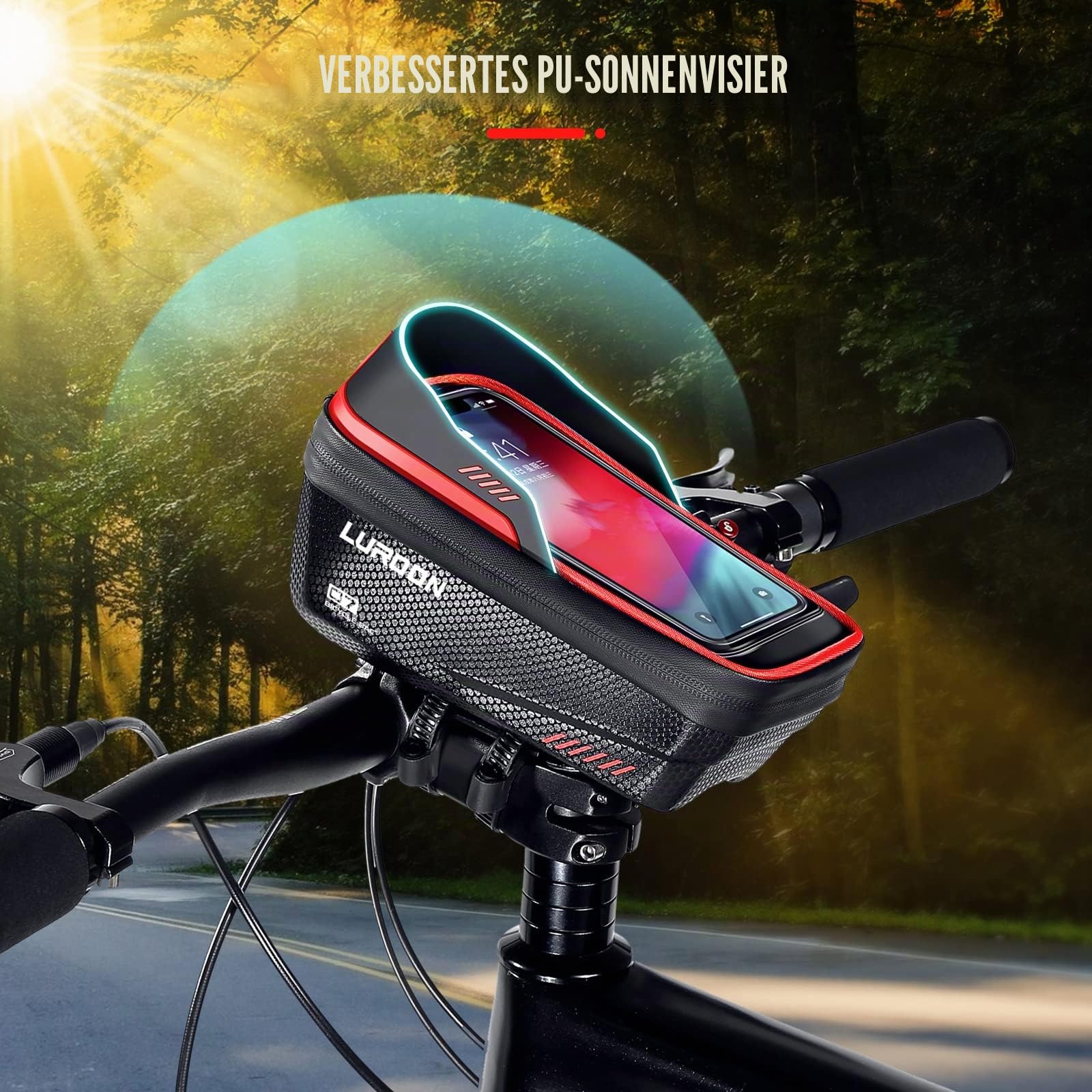 LUROON Fahrradhalterung Handy Halterung Halter Wasserdicht Fahrradlenker Tasche Fahrradtasche mit Regenhaube Fahrrad Rahmentasche Lenkertasche Handytasche für Smartphone bis zu 6.9 Zoll (Rot)