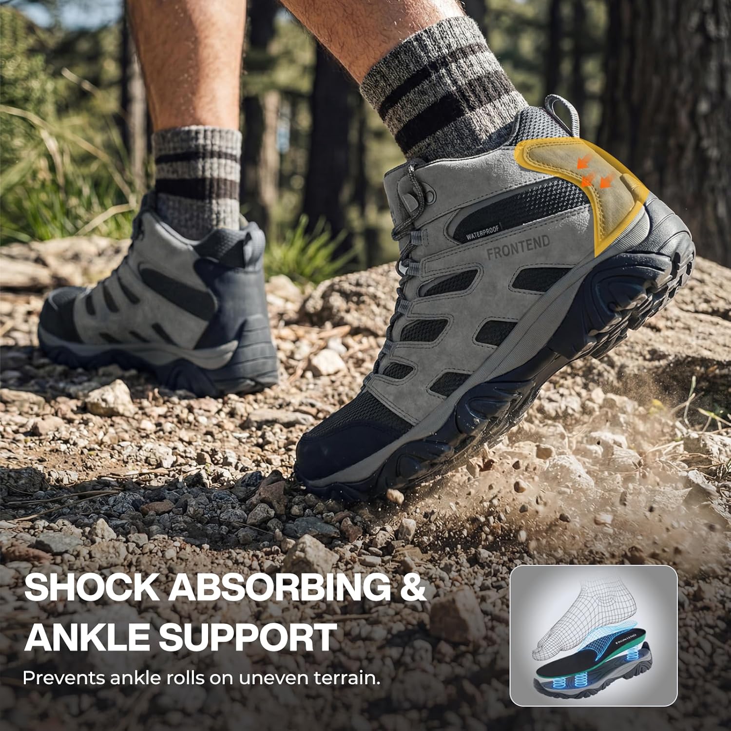FRONTEND Men's Waterproof Hiking Boots Non-Slip Lightweight Mid Ankle Boots for Men Outdoor Shoes for Trekking Backpacking Travel