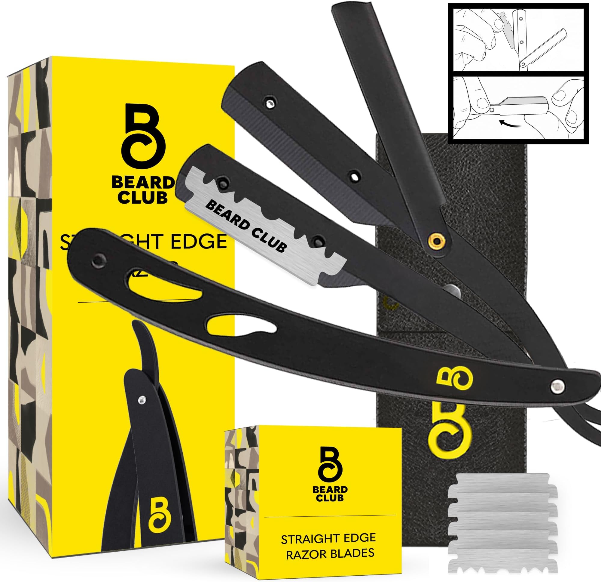 The Beard Club Straight Razor for Men - Navajas Para Barbero - Barber Straight Edge Razor Kit - Premium Single Derby Blade Cutthroat With 5 Replaceable Stainless Steel Blades & Leather Case