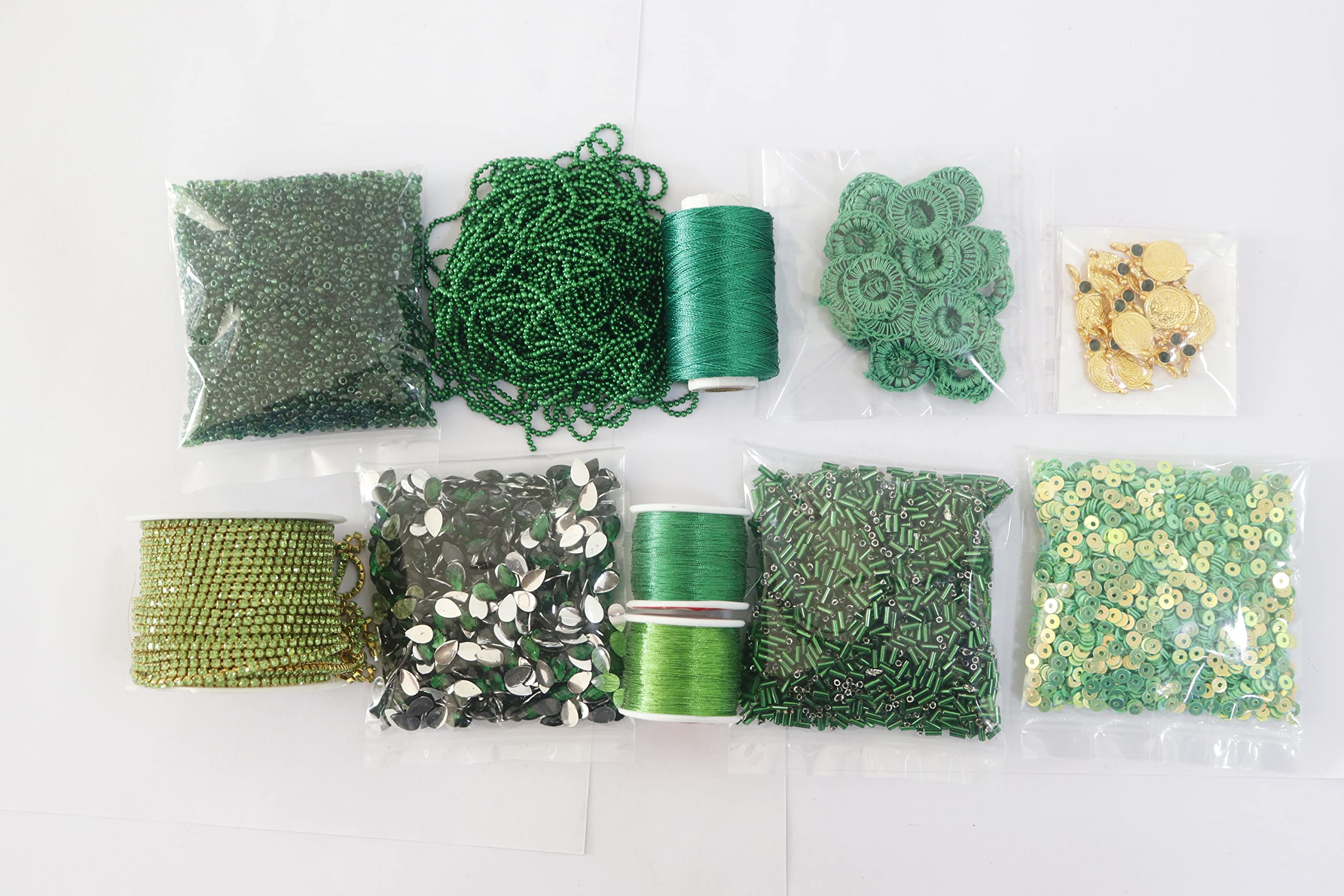 VRADAH Aari Embroidery meterials Green Color Beads,dapka,zari Thread,chamki,Ball Chain, Stone Chains, Kundan Stones, Lakshmi Coins Combo(Green ...