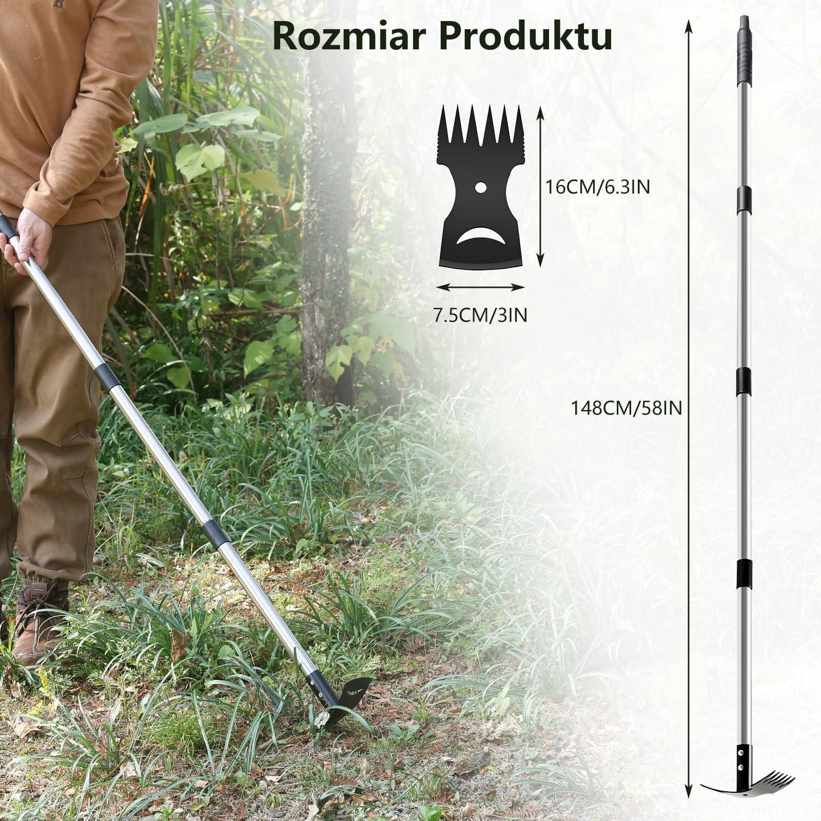 Mitclear Narzędzie do Usuwania Chwastów z Długim Uchwytem(148cm), Wyrywacz Chwastów, 2 w 1 Grabie i Motyka Ogrodowa, Ręczny Wyrywacz Chwastów do Usuwania Korzeni dla Ogrodu, Podwórka, Trawnika