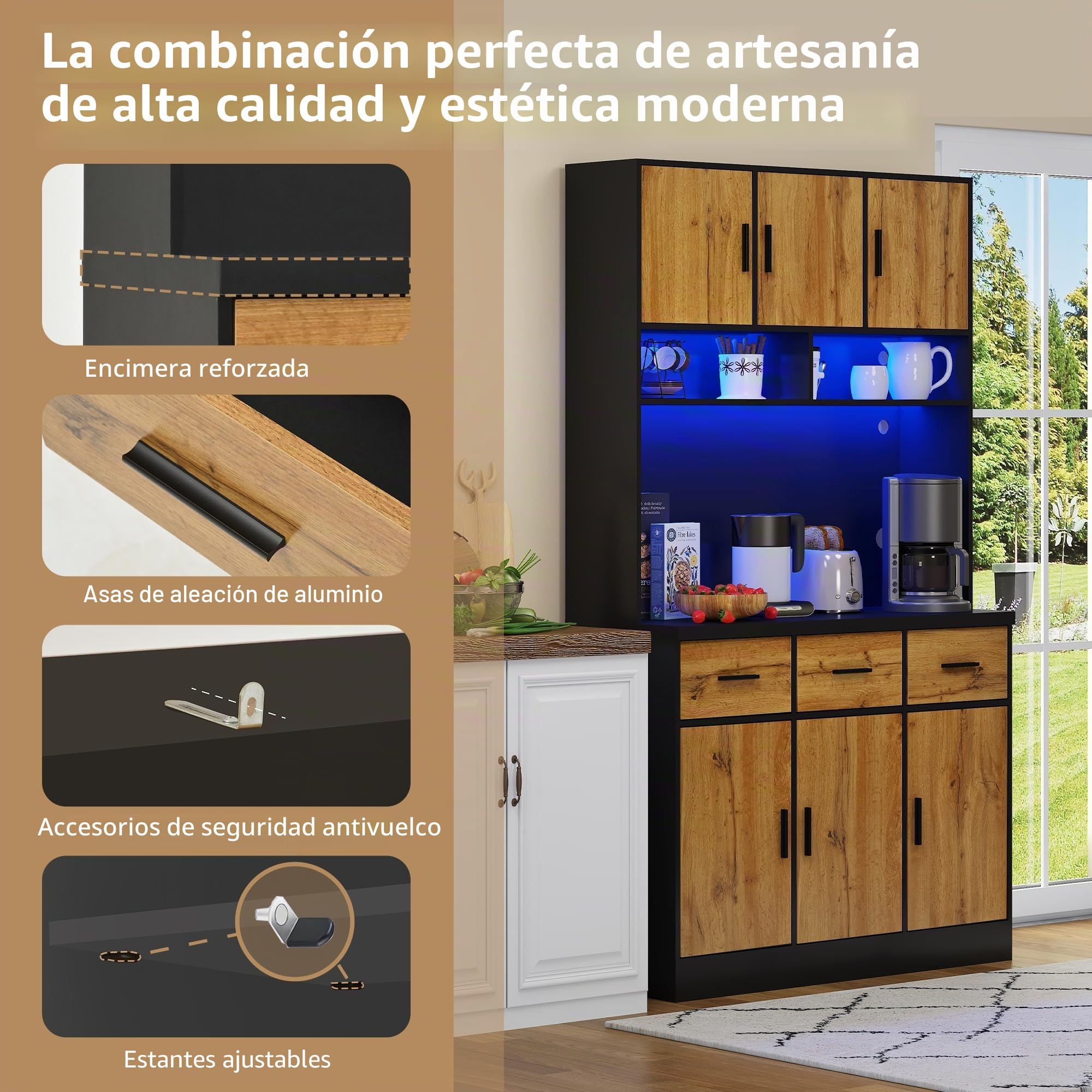 Armario buffet, 100 x 40 x 180 cm, buffet con iluminación LED con mando a distancia, cajones, estantes ajustables, agujeros para cables y enchufes, para cocinas y comedores (negro)