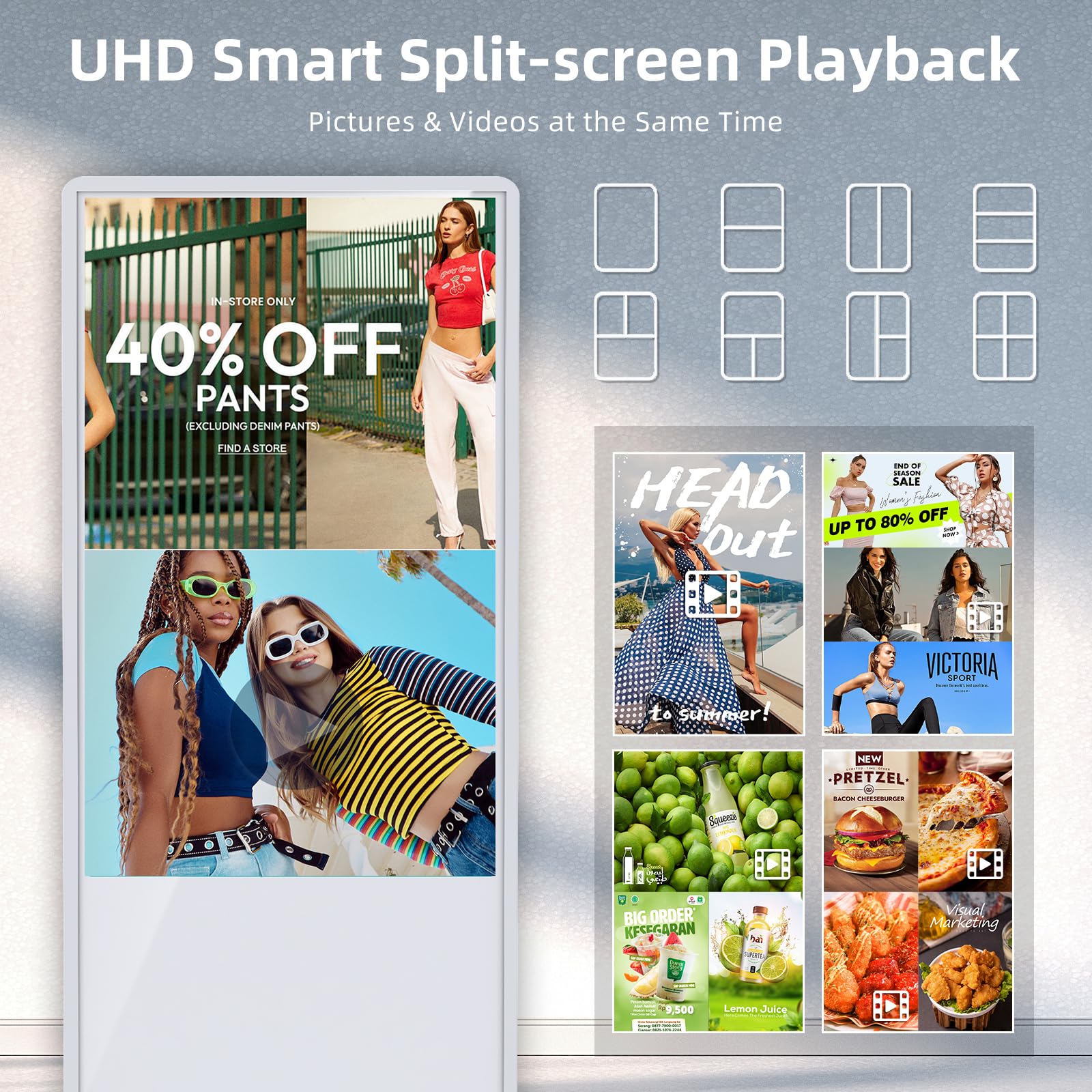 49 Zoll Digitales Werbedisplay Kundenstopper, Nicht-Touchscreen Digital Signage Player Android OS, Gehwegaufsteller Werbetafel, IPS HD Plakataufsteller, LCD Plakatständer