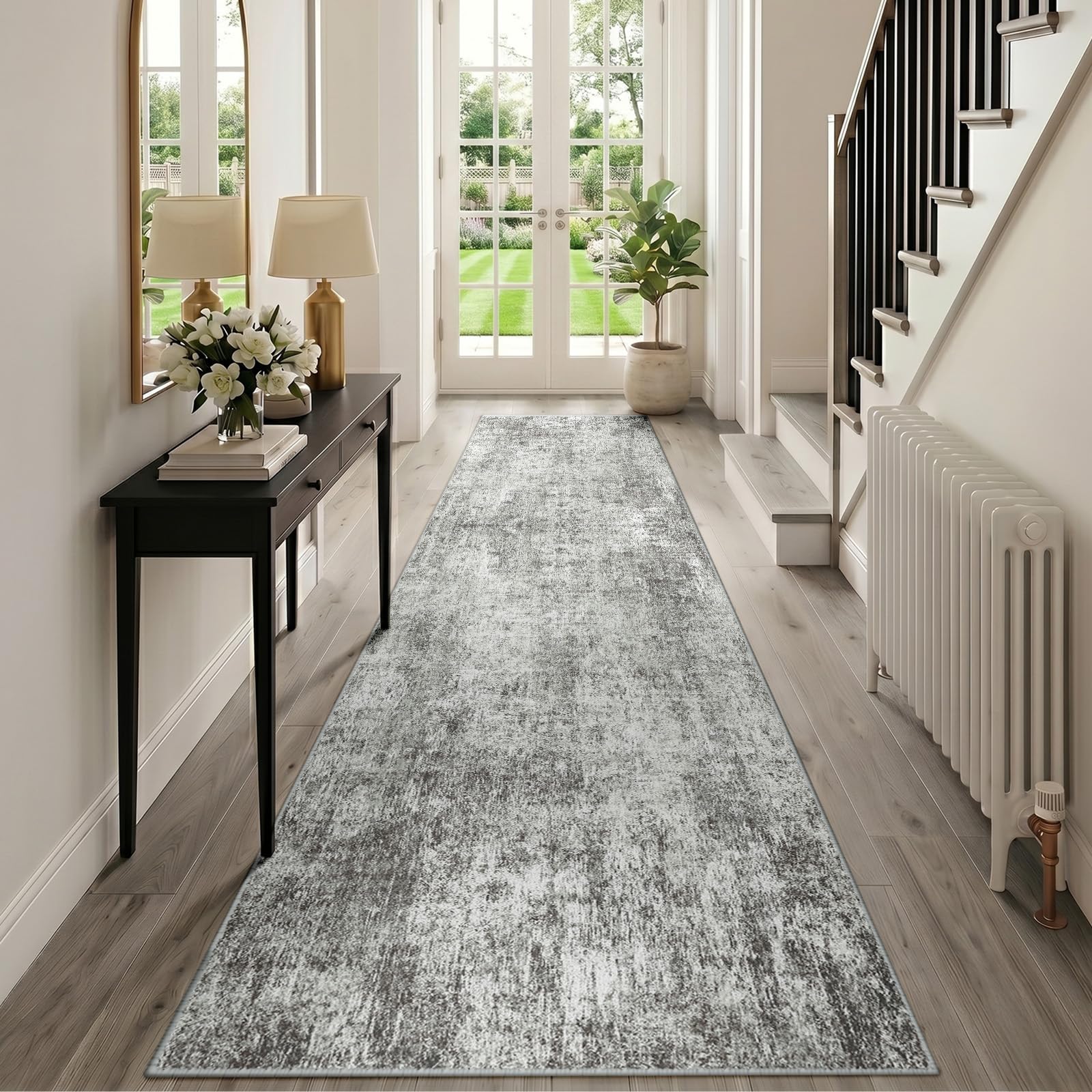 INOVADAY Washable Rugs Living Room 80x300 cm Modern Abstract Rug with Soft Low Pile Vacuum Friendly Non Slip Backing Minimalist Carpet for Lounge Bedroom Dining Room Home Office Grey/White