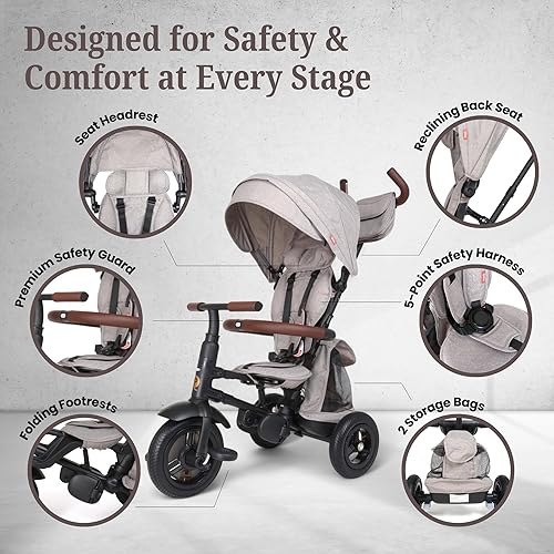 Miniatura 4 de QPlay Rito Triciclo con diseño fácil de plegar  Neumáticos portátiles, compactos y llenos de aire  Triciclo de empuje controlado por padres para