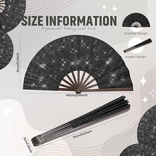 Miniatura 2 de Wenqik 9 piezas de decoración de abanico grande con purpurina plegable de bambú plegable plegable a mano ventilador chino de Kung Fu para regalos de