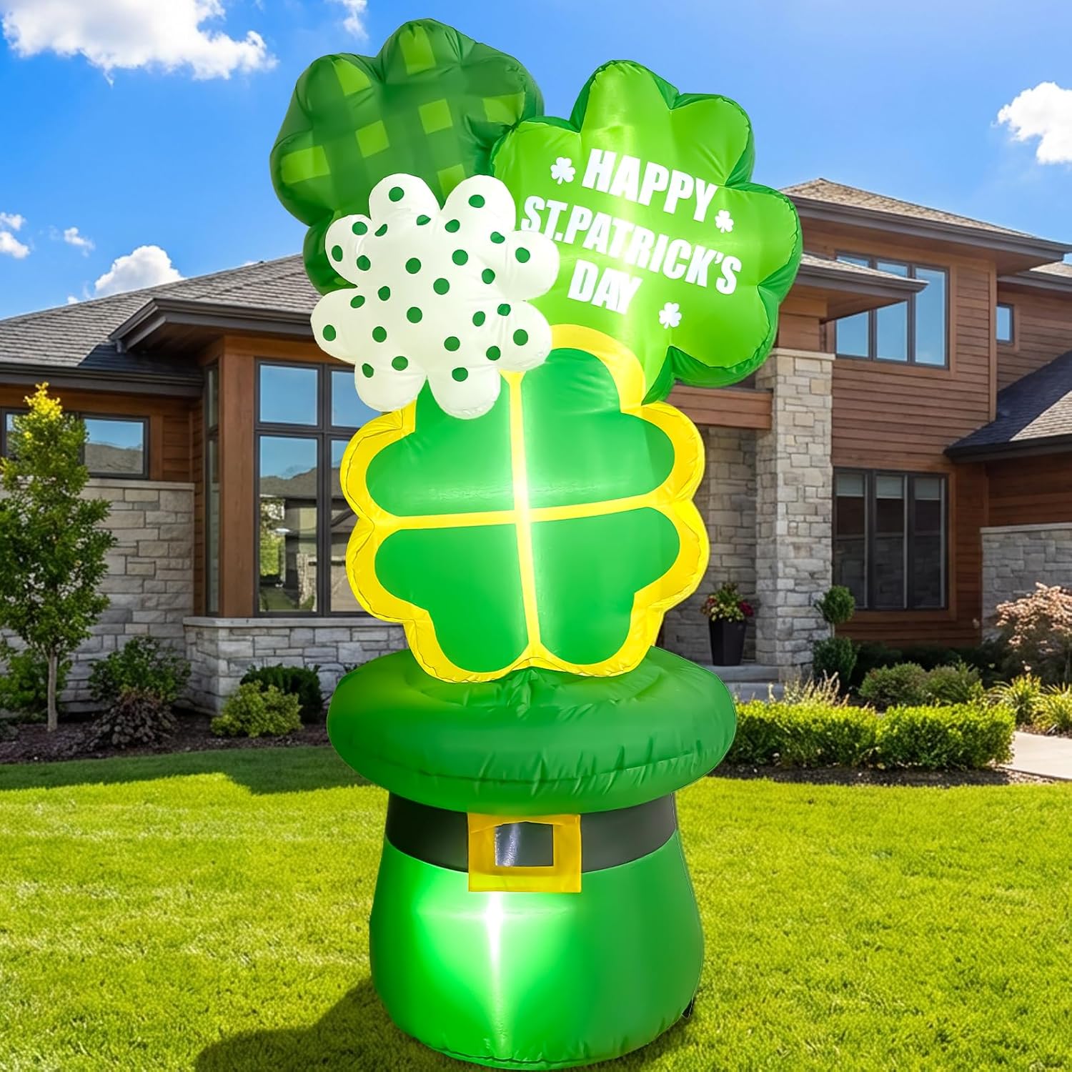 OurWarm 6FT St Patricks Day Inflatables Outdoor Decorations, St. Patrick's Day Blow Up Inflatable Shamrocks with Leprechaun Hat and Built-in LED Lights, Lucky Saint Patricks Day Yard Garden Lawn Decor