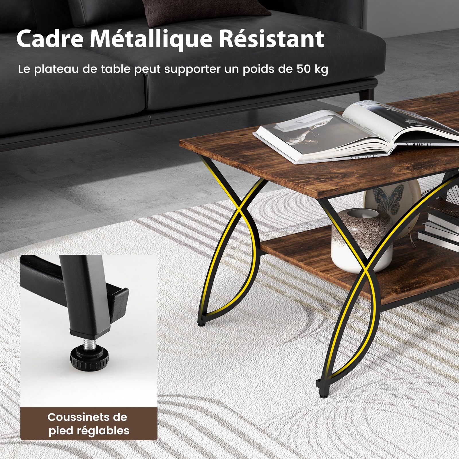 COSTWAY Table Basse Salon Rectangulaire 2 Niveaux, Table Basse avec Cadre en Métal Noir, 2 Plateaux Design Rustique, Style Industriel, 100 x 50 x 45 cm(Marron Rustique)