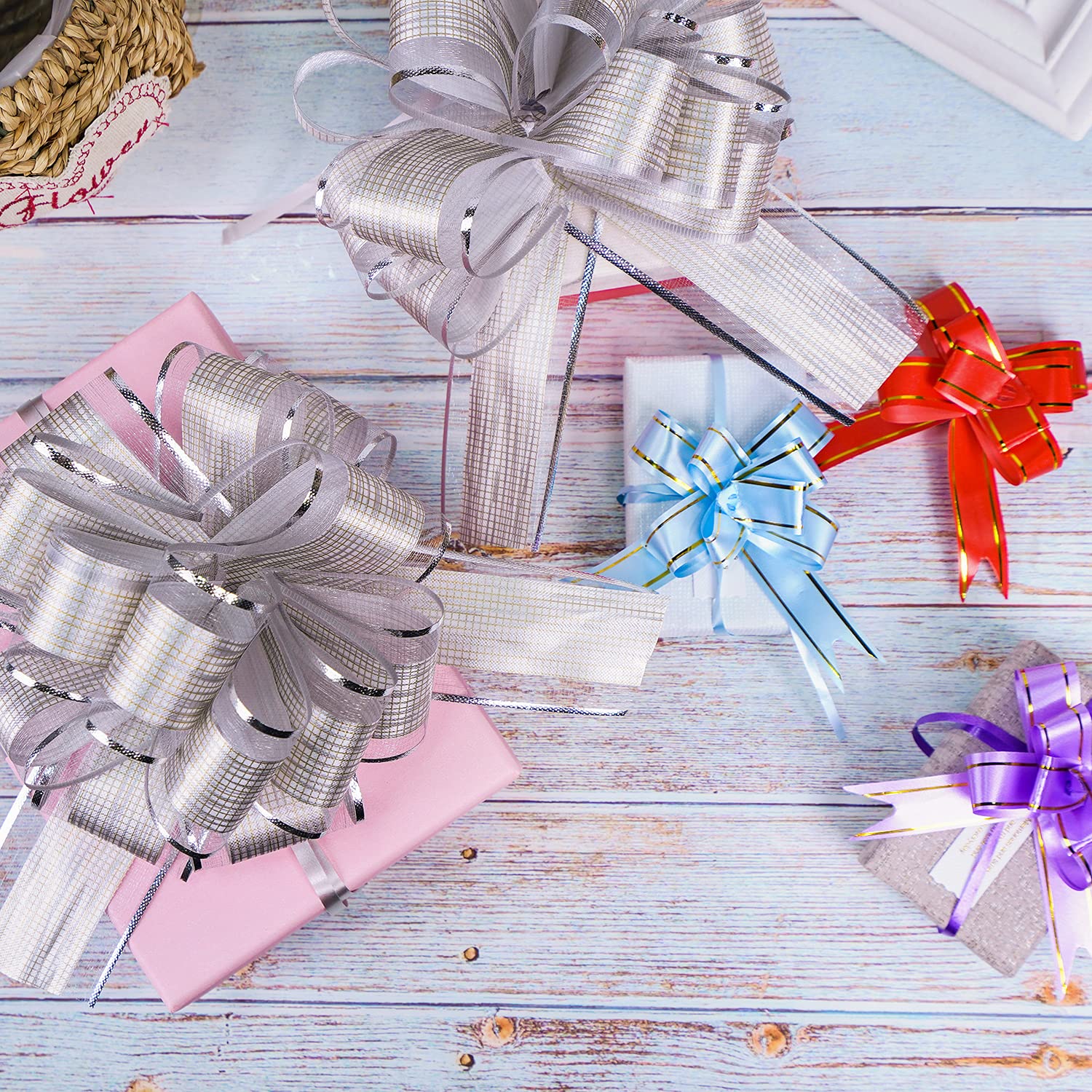 AKLVBL Lot de 20 grands nœuds à tirer pour emballage cadeau, nœuds à tirer avec ruban pour paniers cadeaux de mariage, nœuds d'emballage cadeau de fête, nœuds décoratifs (blanc