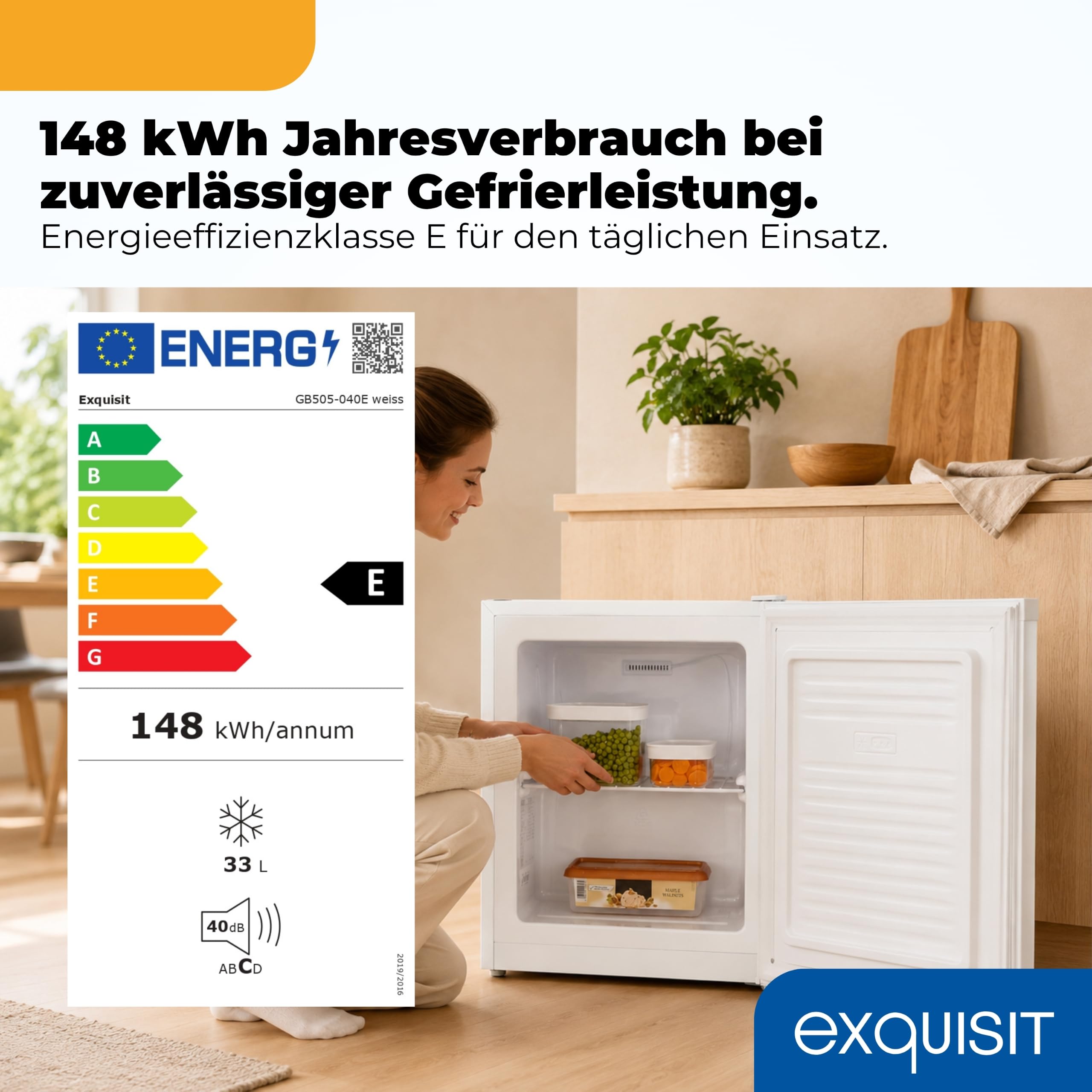 Exquisit GB505-040E Mini Gefrierschrank - 33l Tiefkühlschrank Weiß | 4 Sterne Fach - 2,4 kg Gefriervermögen - Leise 40dB - Wechselbarer Türanschlag - Maße 51 x 44 x 47,5 cm - Kleiner