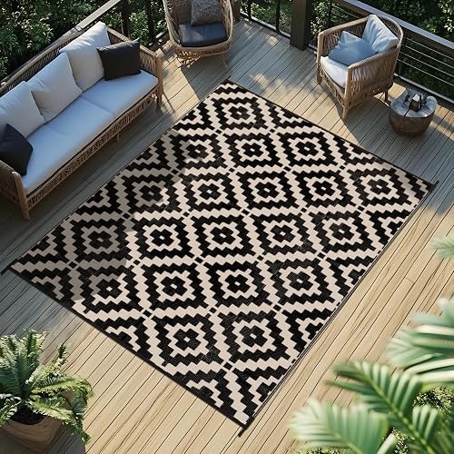 Favoyard Outdoor Rug Black & Beige 5x8 ft Waterproof Reversible Carpet Mat