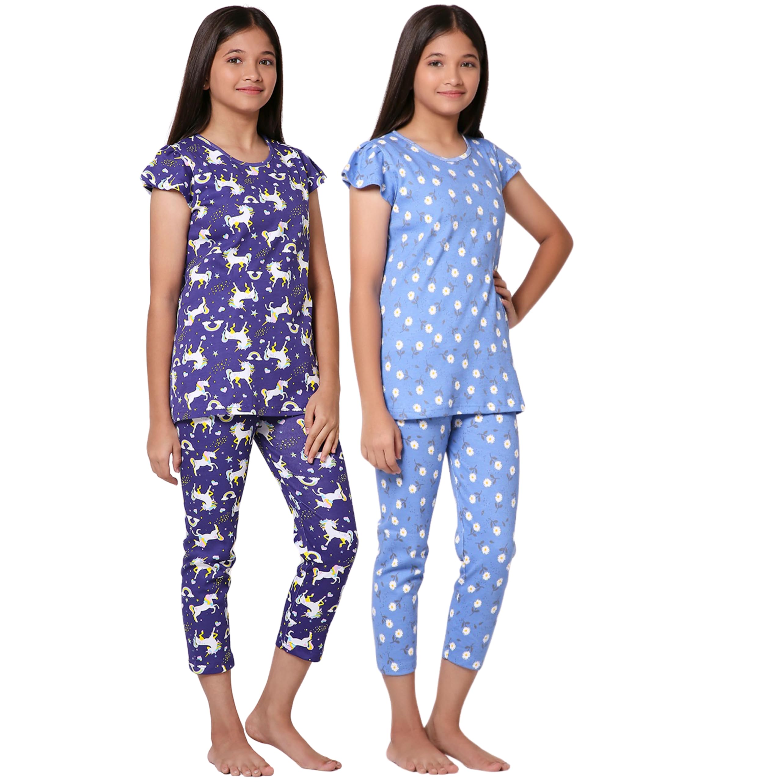 TotzTouchGirls Cotton Pyjama Set Printed T Shirt Capri Pant (3/4 th Pant ) Night Dress (Pink Heart and Unicorn Design) Age 3 Years to 16 Years Pack of 2, Viloet Blue, 11-12Years