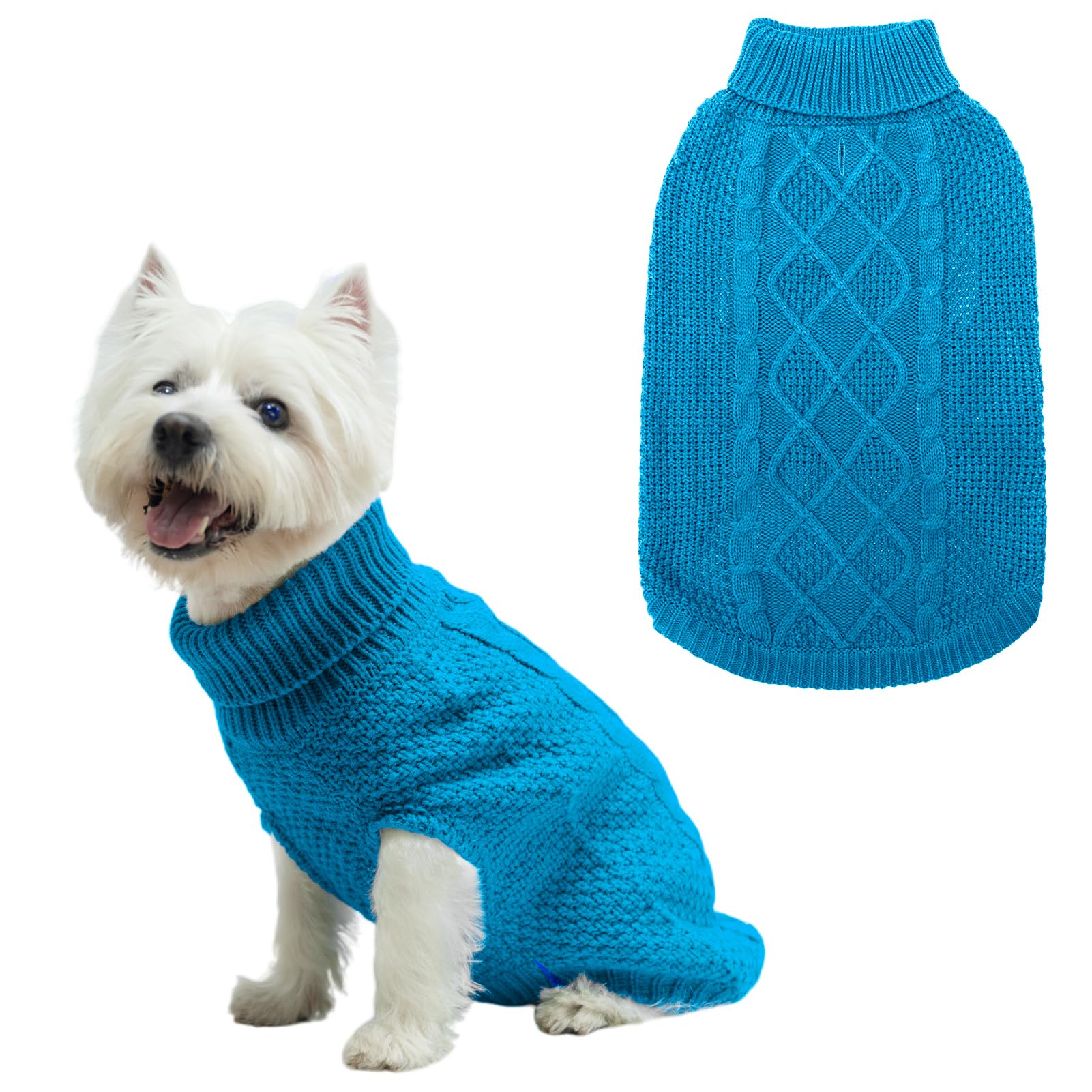 Mihachi Turtleneck Dog Sweater - Winter Coat Apparel Classic Cable Knit Clothes with Leash Hole for Cold Weather, Ideal Gift for Pet in New Year Lake Blue