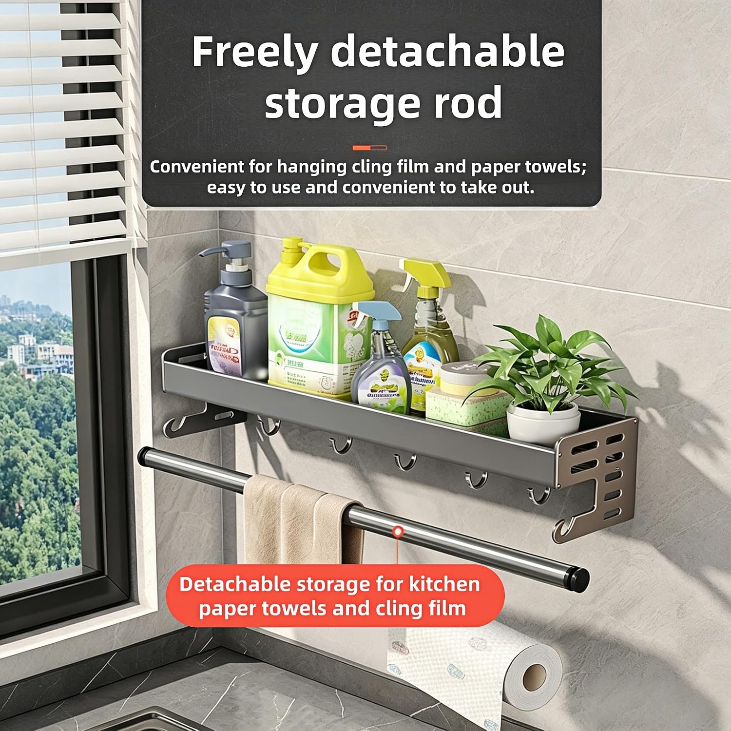 No-Drill Spice Rack for Kitchen Wall - 15.74in with 5 Hooks & Towel Bar, Rustproof Aluminum, No Screws Installation for Spices, Utensils, Toiletries in Small Apartments, RV, Dorm