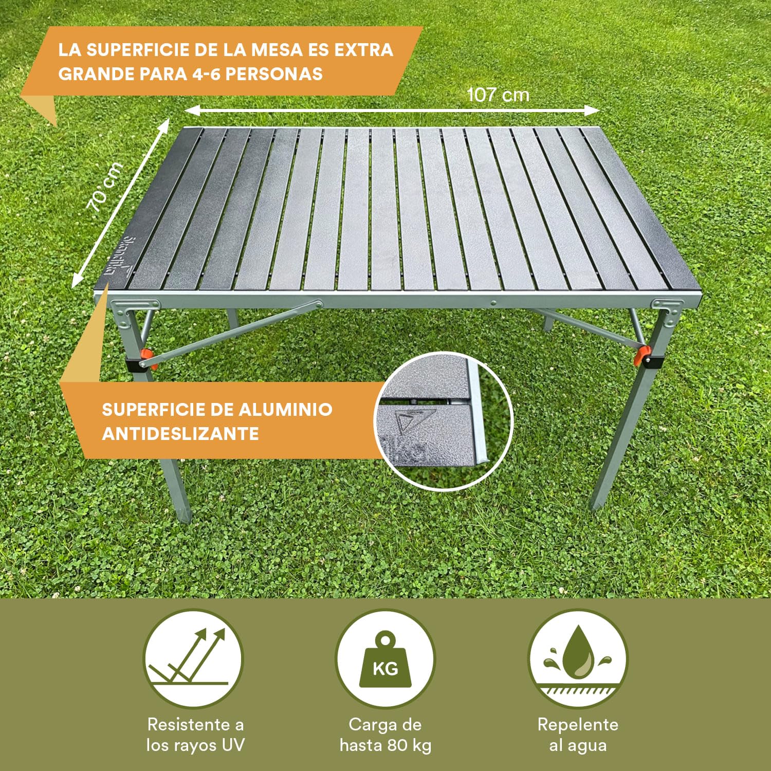 skandika Maikku - Mesa Plegable de Aluminio - 6 Personas - 107x70x70 cm - 80 kg de Capacidad de Carga - Muy Ligera - Bolsa de Transporte (Gris)