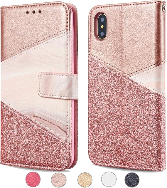 ZCDAYE Wallet Case for iPhone XR,Premium Bling Glitter [Magnetic Closure] PU Leather [Ceramic Pattern] Stand Folio Inner Soft TPU with [Card Slots] Flip Cover for iPhone XR - Rose Gold