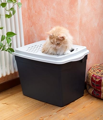 Miniatura 2 de FERPLAST Jumpy - Caja de arena para gatos con entrada superior caja de arena anti perro con rejilla de arena superior 22.56 x 15.28 x 15.56 negro y