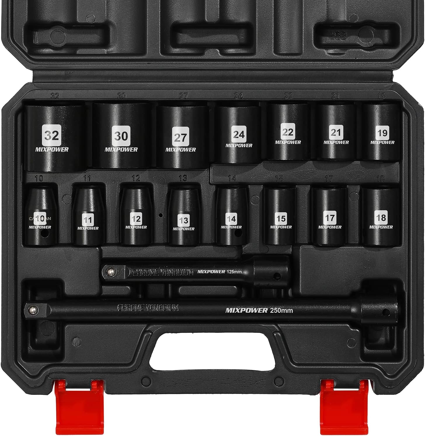MIXPOWER 17 Pieces 1/2-Inch Drive Shallow Impact Socket Set, Includes 10mm to 32mm, 5", 10" Extension bars, CR-V, 6 Point Metric Socket Set