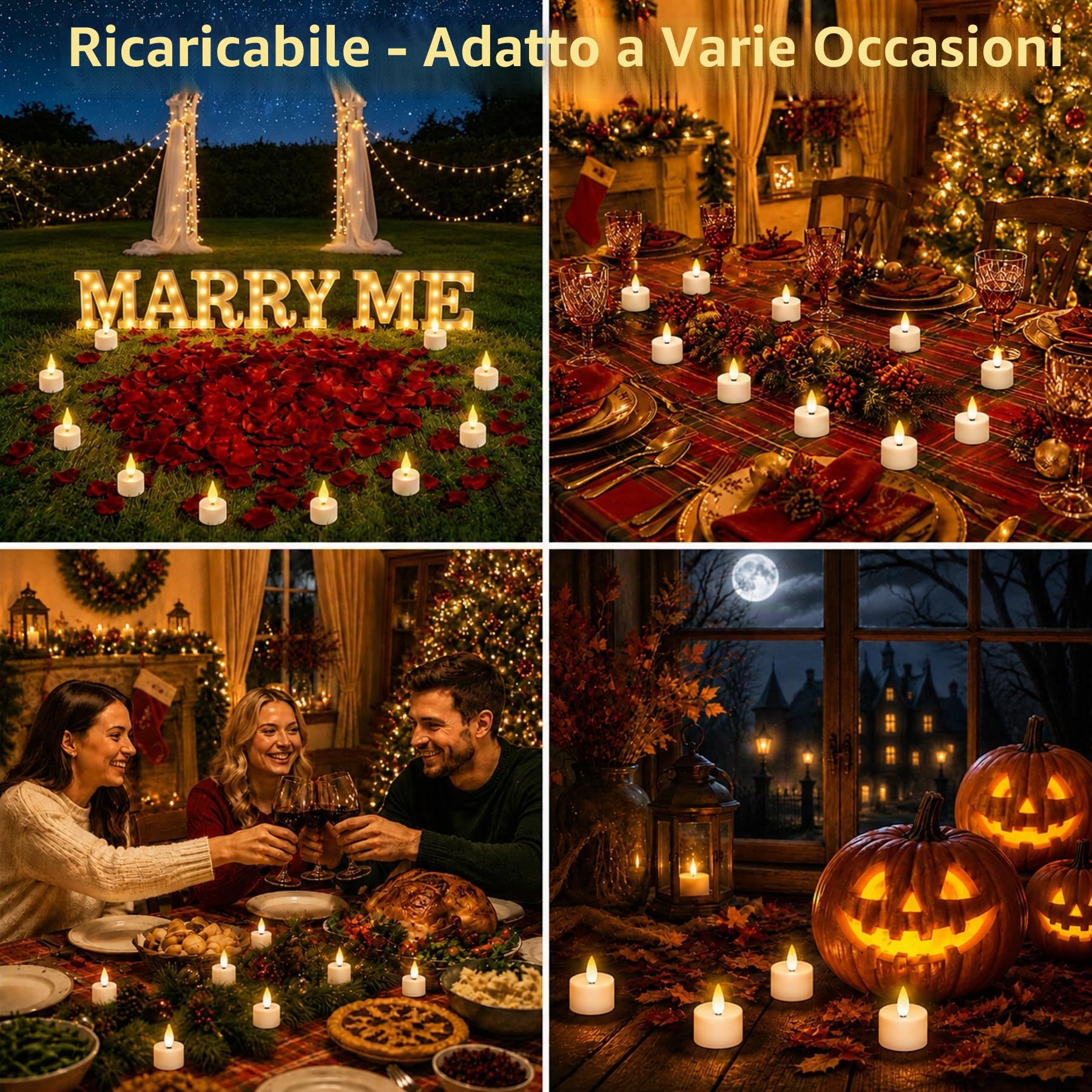 Candeline LED ricaricabili, 12 candele LED effetto fiamma tremolante con telecomando e timer, candele elettriche LED dimmerabili con base di ricarica per feste, ambienti e decorazioni natalizie