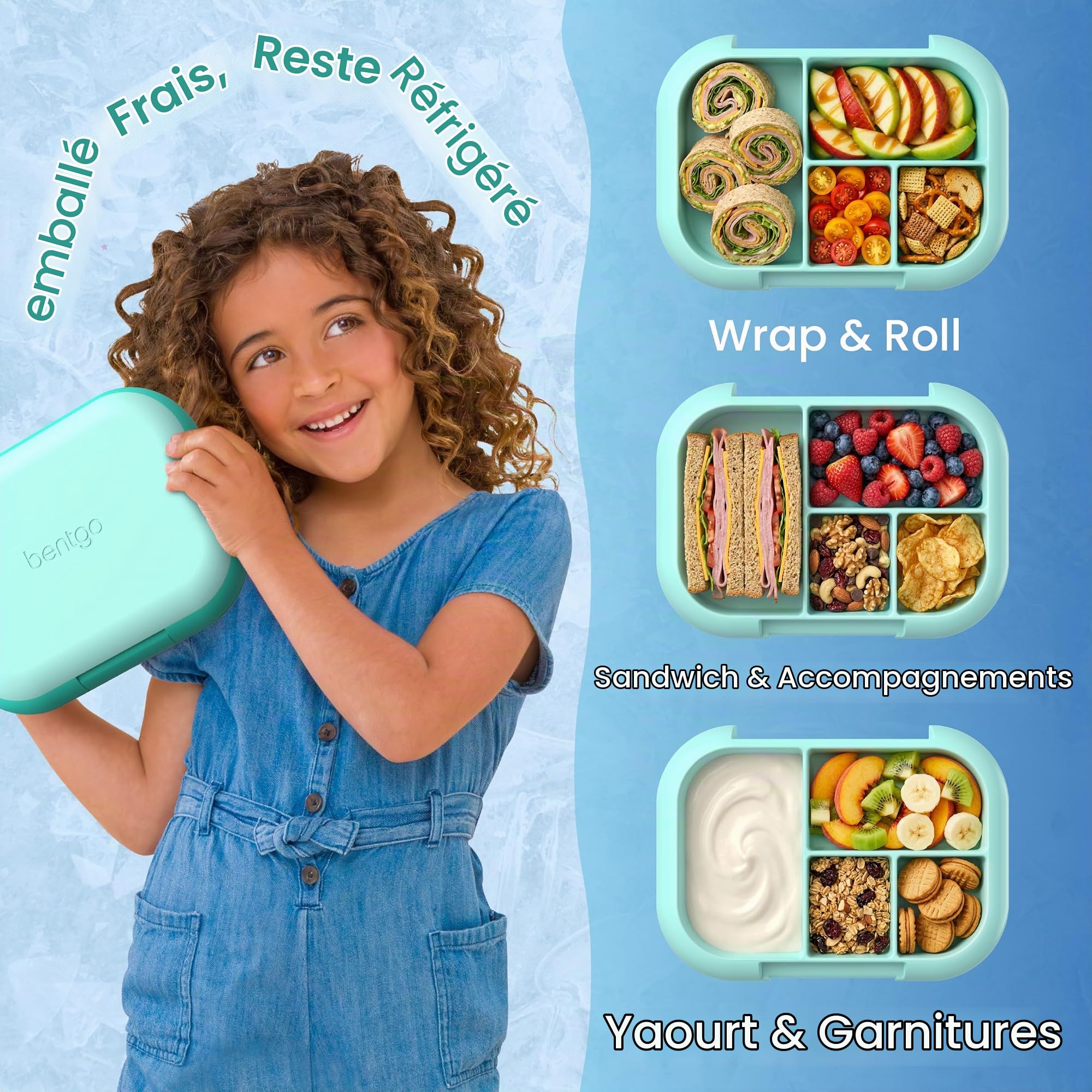 Bentgo Chill Boîte à déjeuner étanche pour enfants – Boîte à bento 4-compartiments avec poche de glace, 3,3 tasses, sans PFAS et BPA, passe au micro-ondes et lave-vaisselle