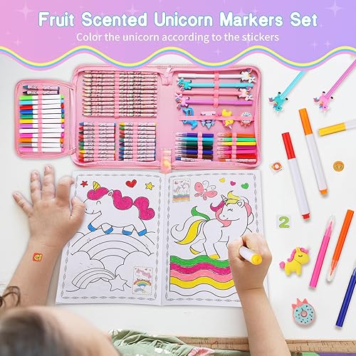 Miniatura 3 de Juego de 73 marcadores perfumados de frutas con estuche de unicornio con purpurina, suministros de arte para niños de 4 a 6 a 8 años, regalos