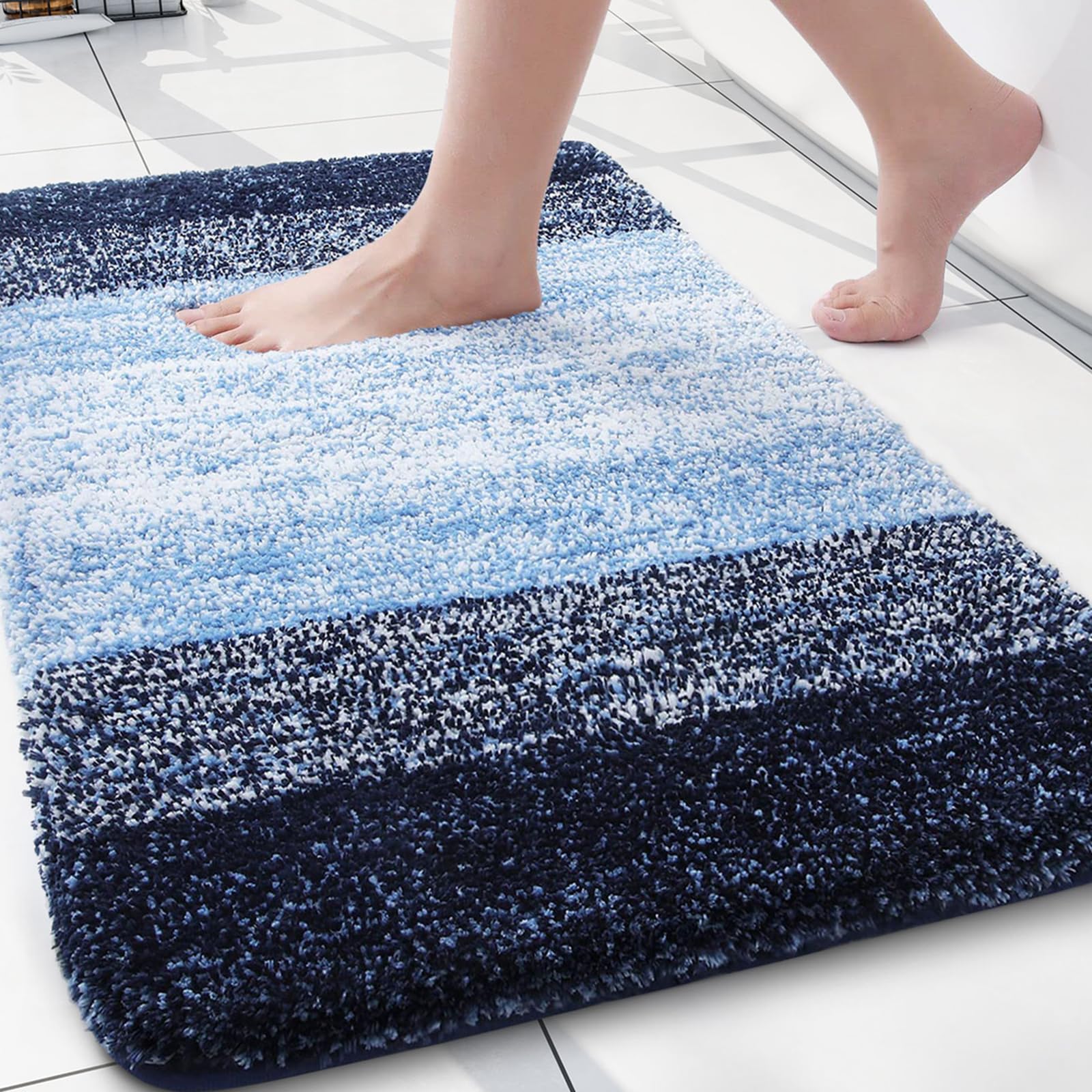 arotive microfiber bathroom rugs, shaggy soft and absorbent bath rug, non-slip, thick plush machine washable dry bath mats for bathroom, tub and shower, 24x16, blue, rectangular