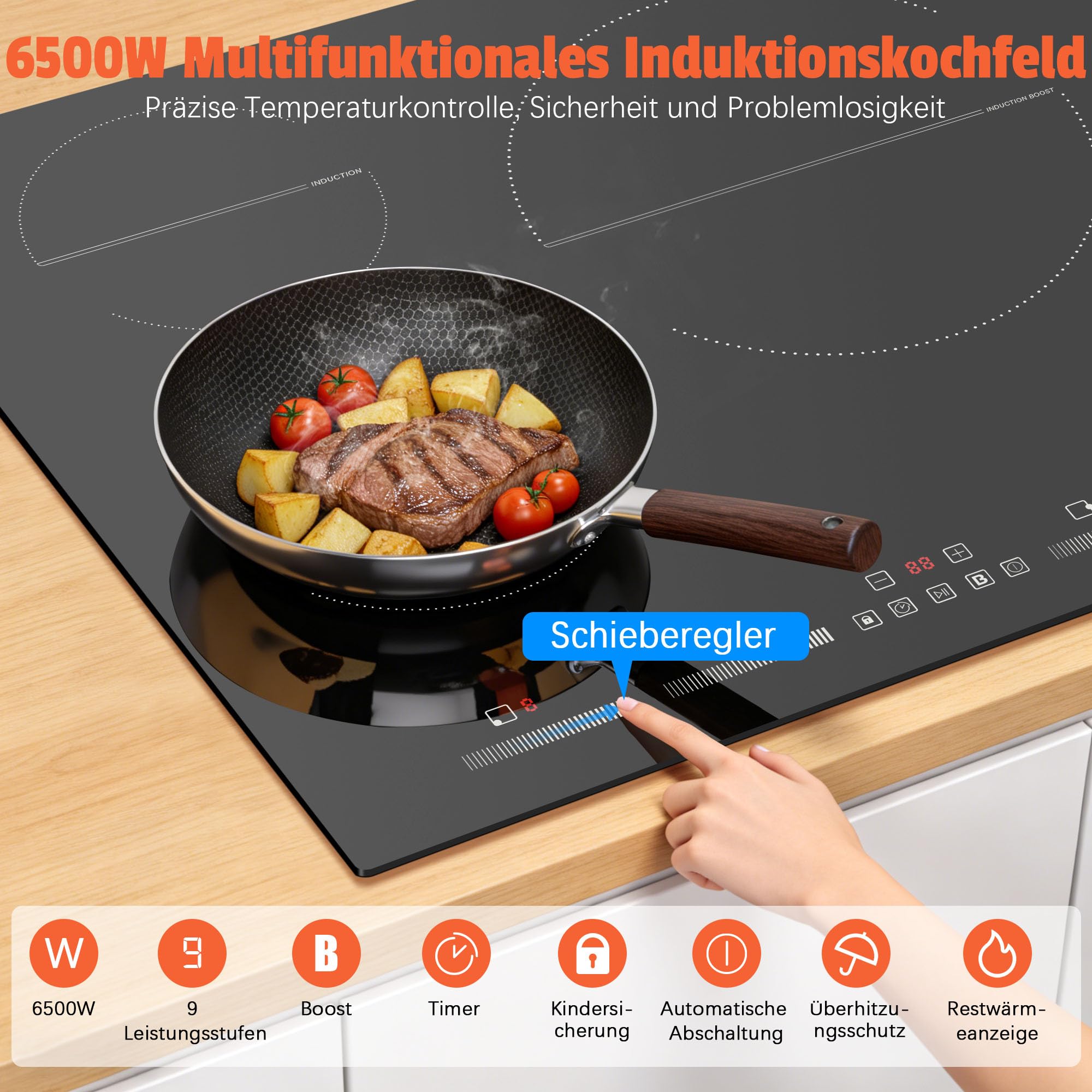 NOXTON Placa de Inducción 3 Fuegos, 60 cm, Encastrable, 6500 W | 6500W, Autónoma, Control Deslizante, Booster, Timer, Bloqueo Infantil, Pausa, 220-240V, Sin Enchufe