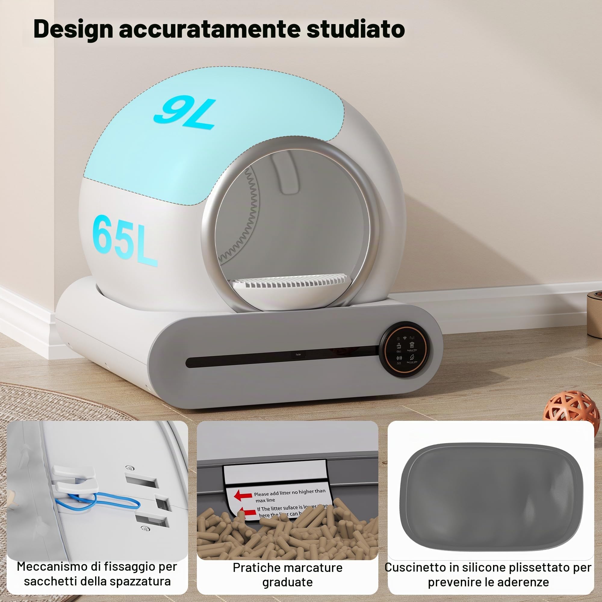 Lettiera autopulente, autopulente, controllo APP/65L Max Capacità/Sensore infrarosso/elimina l'odore, monitorare la salute del vostro gatto, lettiera automatica per gatti per più gatti