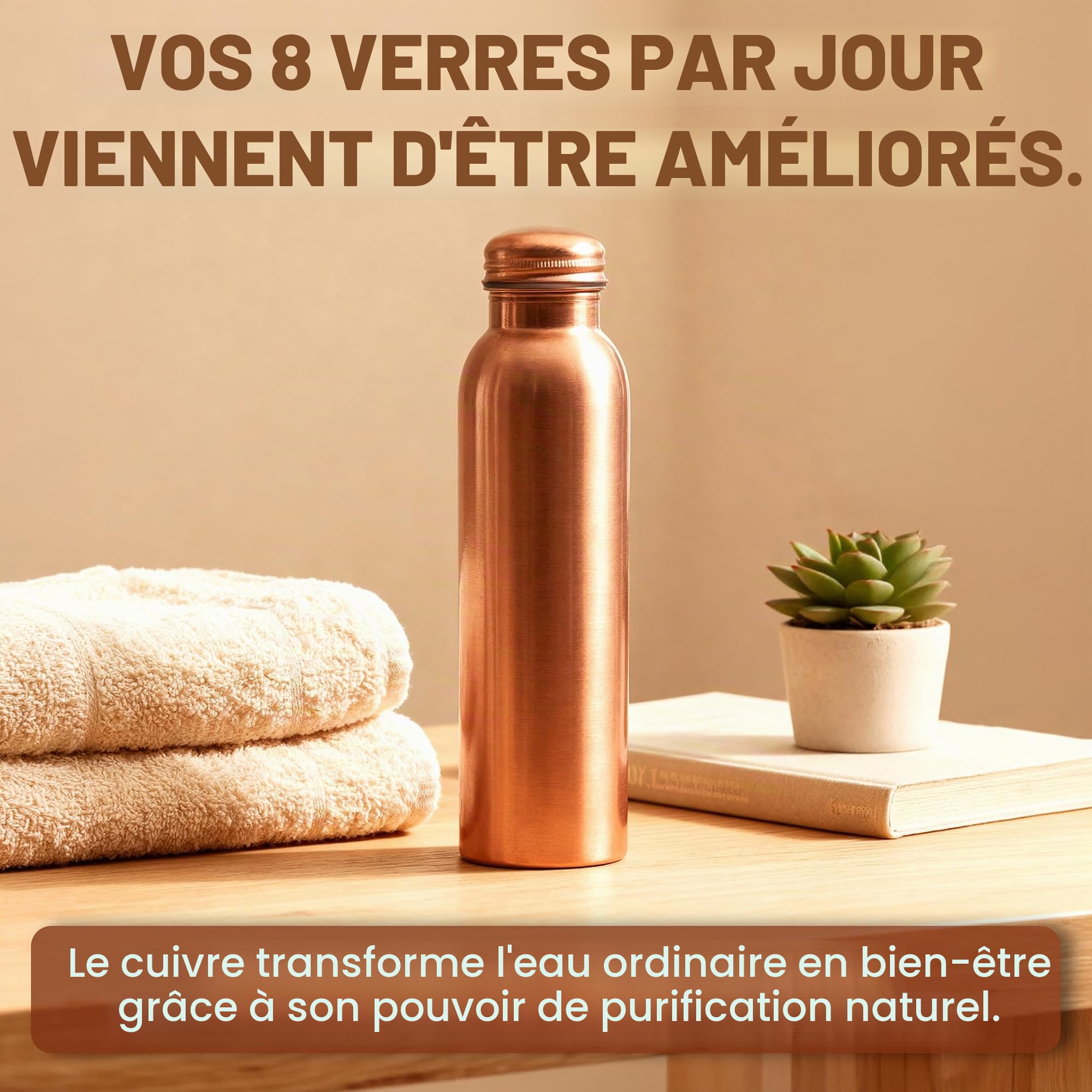 Lot de 2 bouteilles d'eau en cuivre naturel pur de 34 oz pour la salle de sport, la randonnée, la gourde ayurvédique