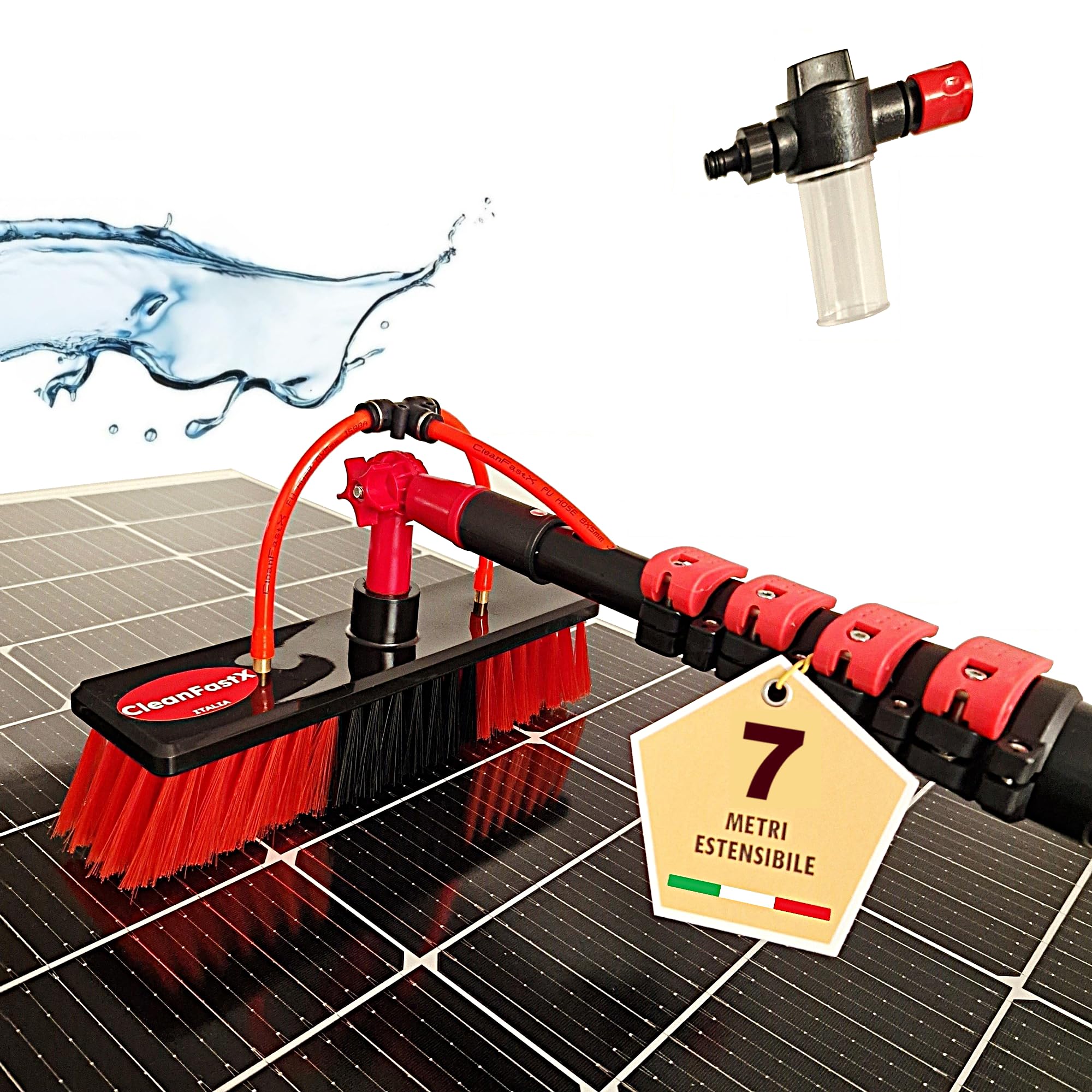 Italia | Kit Pulizia Pannelli Fotovoltaici | Estensibile 7 Metri | Idrospazzola ALINEAR per Lavaggio Tapparelle Vetrate Camper Auto Barca Pannelli Solari | Dispenser di Sapone Integrato