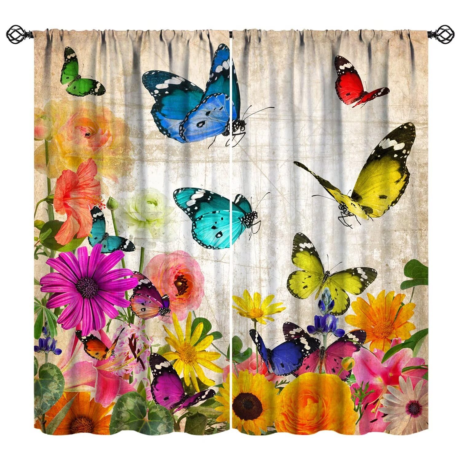 Butterfly Floral Curtains Retro Farmhouse Flowers Art Printed Blackout Window Treatment for Bedroom Kitchen Cafe Decor Fabric Set 2 Panel 42x45 Inch