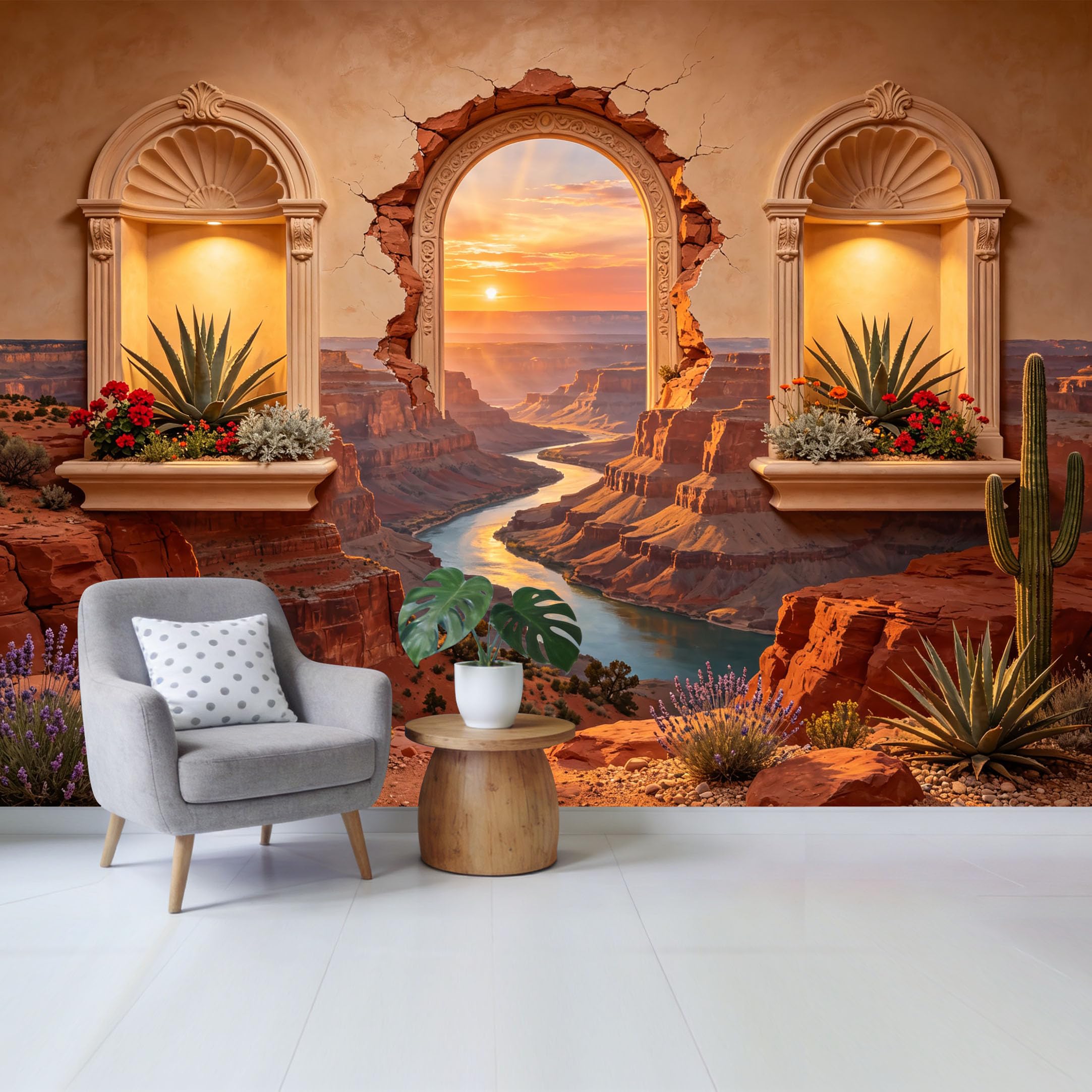 Removable Self Adhesive Fabric Mural， 3D Canyon River Archway Custom Size Wall Covering， UV Protected Waterproof Washable Wall Decor for Living Room Bedroom Bathroom
