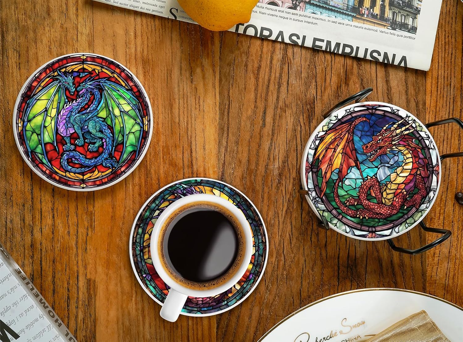 Onebttl Dragon Lover Gifts - Dragon Theme Coaster Set of 6, Bar Coasters, Stained Glass Style