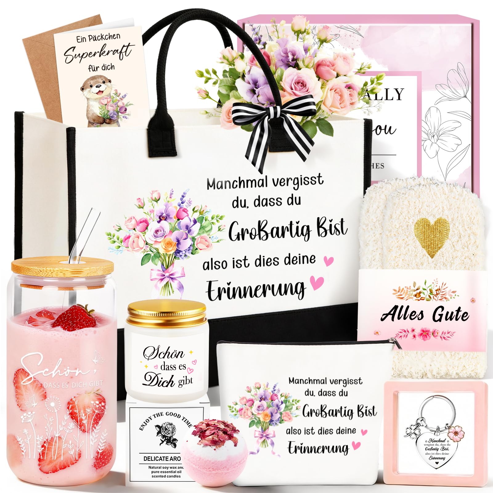 TUZELIYA Geschenke für Frauen, 8tlg. Positive Geschenke Freundin mit Canvas Einkaufstasche, Ermutigende Geschenkset mit Genesungskarte für Oma, Mama, Ehefrau, Freundin, Kollegin, Tochter