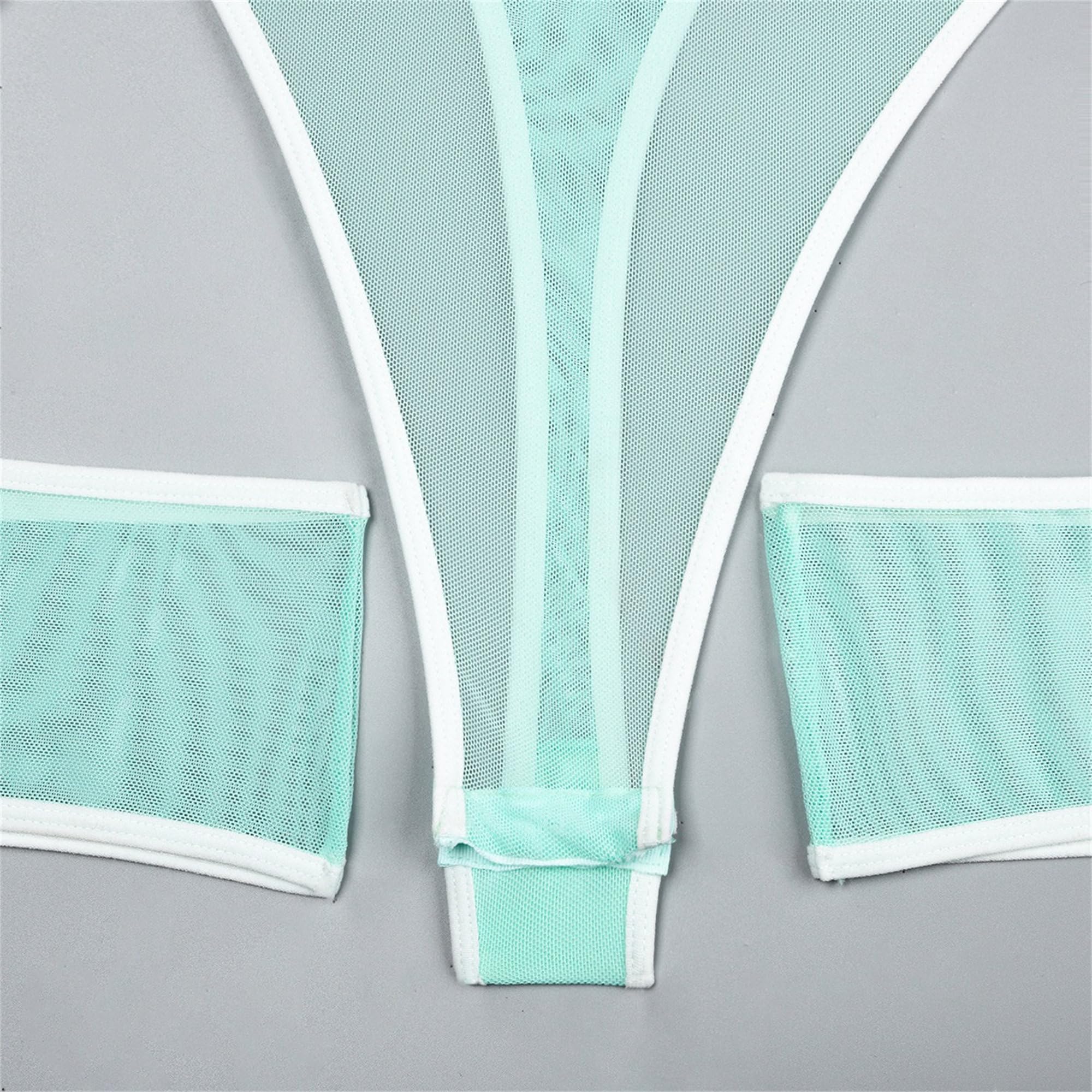 Conjunto de Lencería Transparente con Tirantes para Mujeres Body de Manga Larga de Tela Transparente Elástica Liga Hueca de Encaje con Armadura