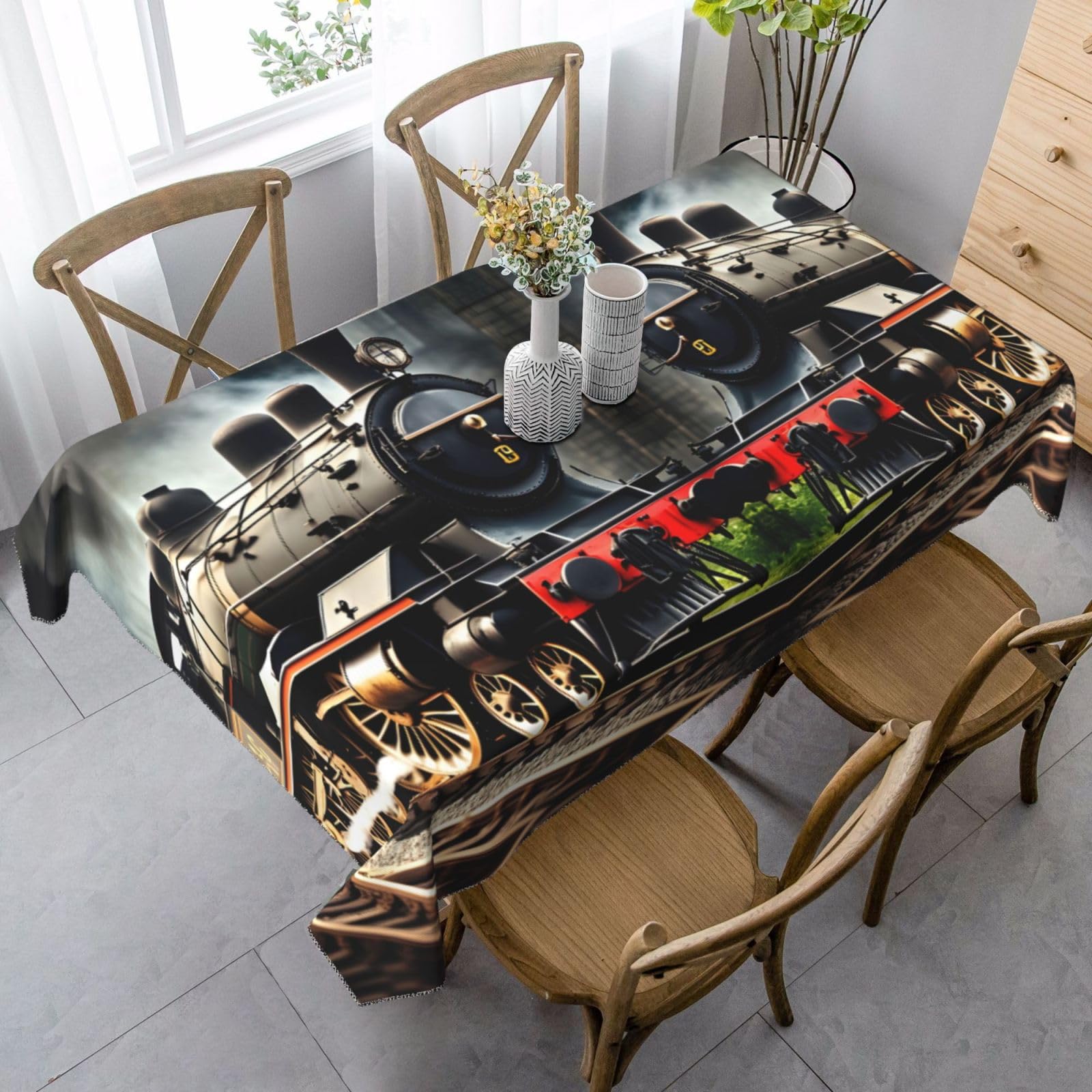 Jejea Black Steam Locomotive Train Print Rectangle Tablecloth Wrinkle Free Soft Table Cloth For Dining Christmas Room Decoration