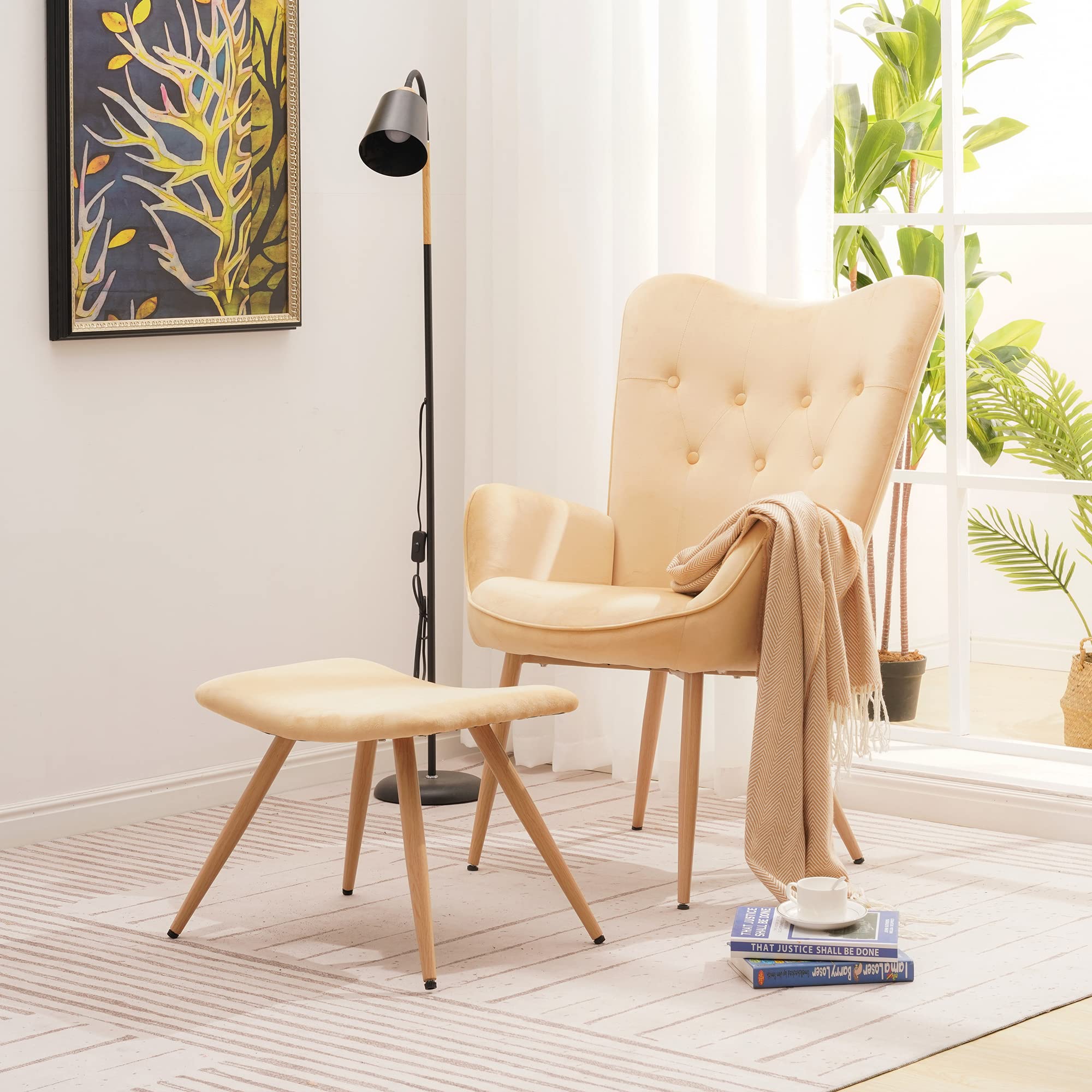 Albatros sedia ad ala con sgabello YORK, beige, rivestimento in velluto, comoda imbottitura, poltrona TV, poltrona imbottita