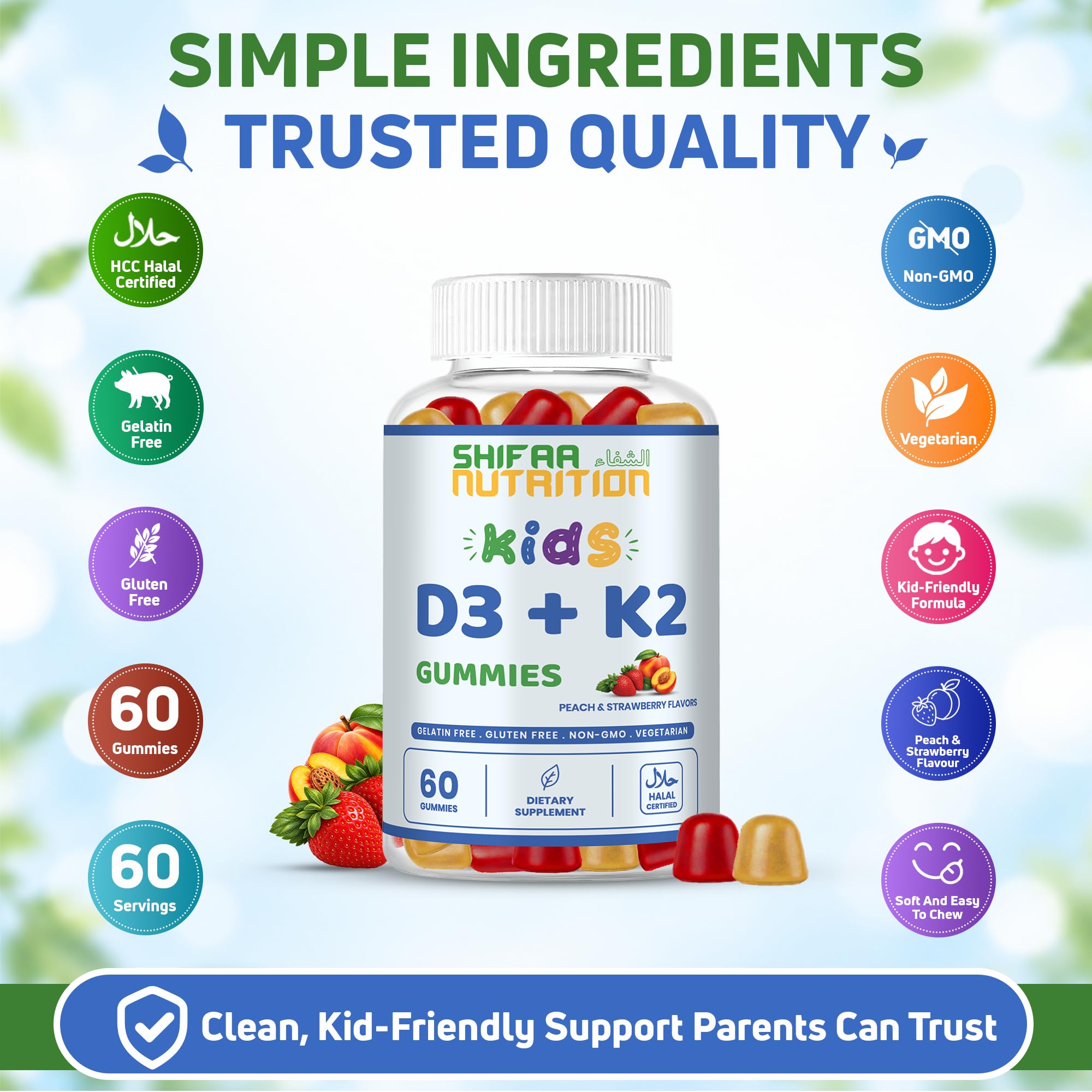 Halal Kids Vitamin D3 K2 Gummies 60 Servings 60 Ct. Vegetarian, Gelatin-Free, Gluten-Free, Non-GMO. Halal Vitamin D3 K2 Kids Supplement for Bone, Teeth & Immune Support. Peach & Strawberry Flavor — Amazon image 5