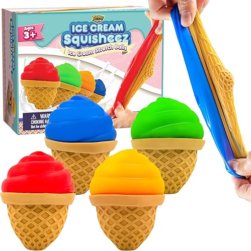 YoYa Toys Ice Cream Squisheez - Bolas blandas para aliviar el estrés (juego de 4) Fidget elástico en forma de cono para niños, niñas y adultos