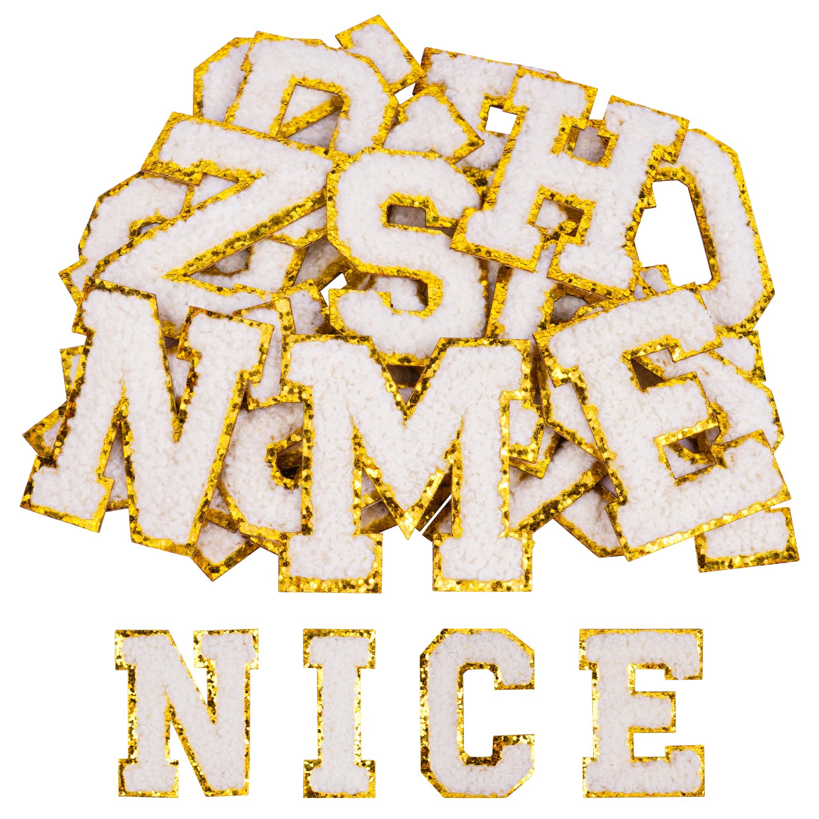 AOOTE Self Adhesive Letter Patches, 26Pcs A-Z Embroidered Applique Patches, Chenille Letters Stickers, Stick on Embroidered Patch for Clothes, Jeans, Dress, Hat, Bags, DIY Accessories, White
