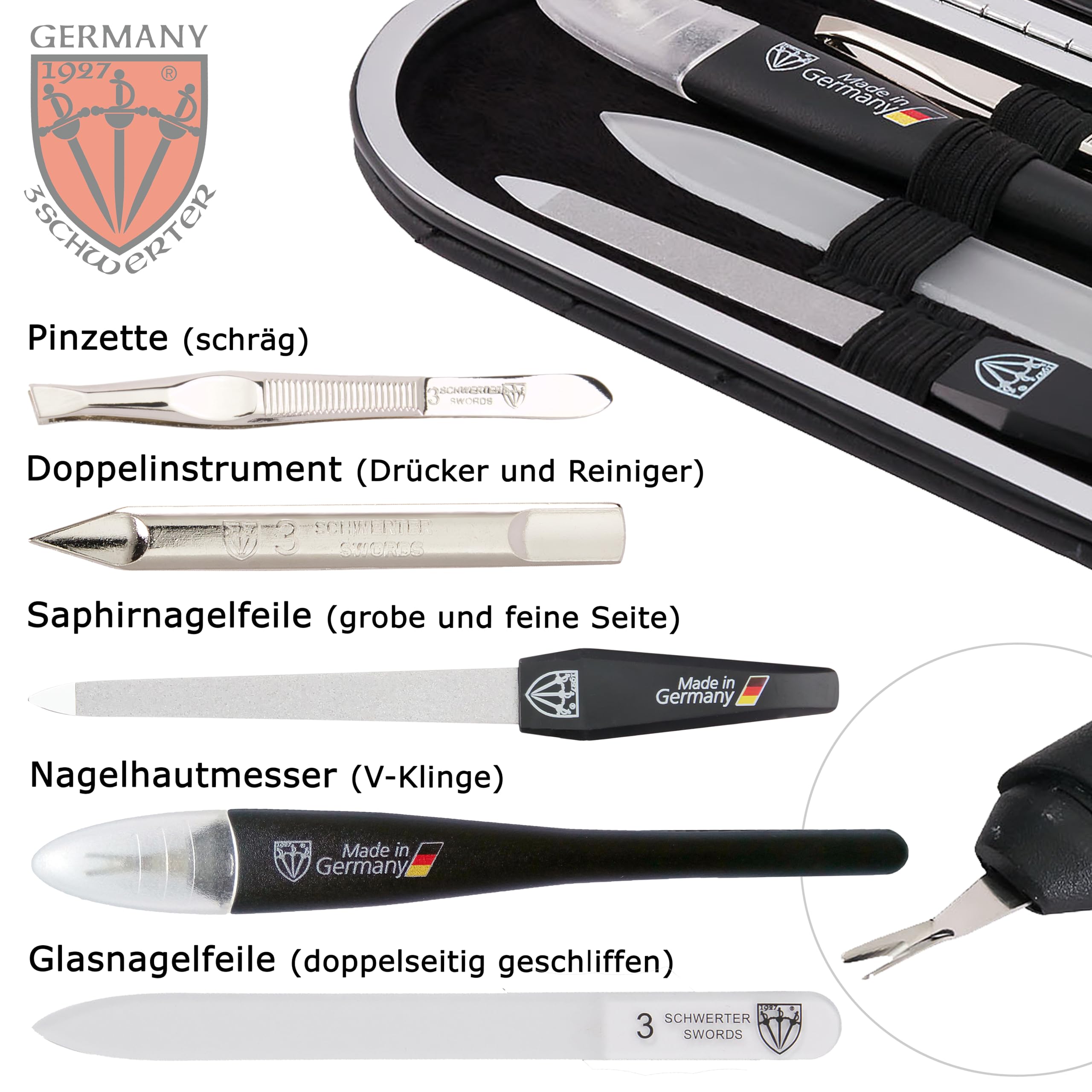 Trois épées | Exclusif Étui de manucure – pédicure – Soin des Ongles Kit/de 5 pièces | qualité – Fabriqué à Solingen – Différentes couleurs