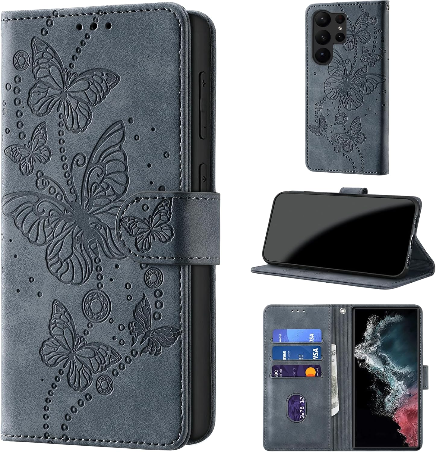 Mobile Phone Case for Samsung Galaxy S23 Ultra 6.8 Inch Case Foldable Premium PU Leather Flip Case RFID Protection Card Slot Stand Function Leather Embossing Protective Flip Case Cover Grey Purple