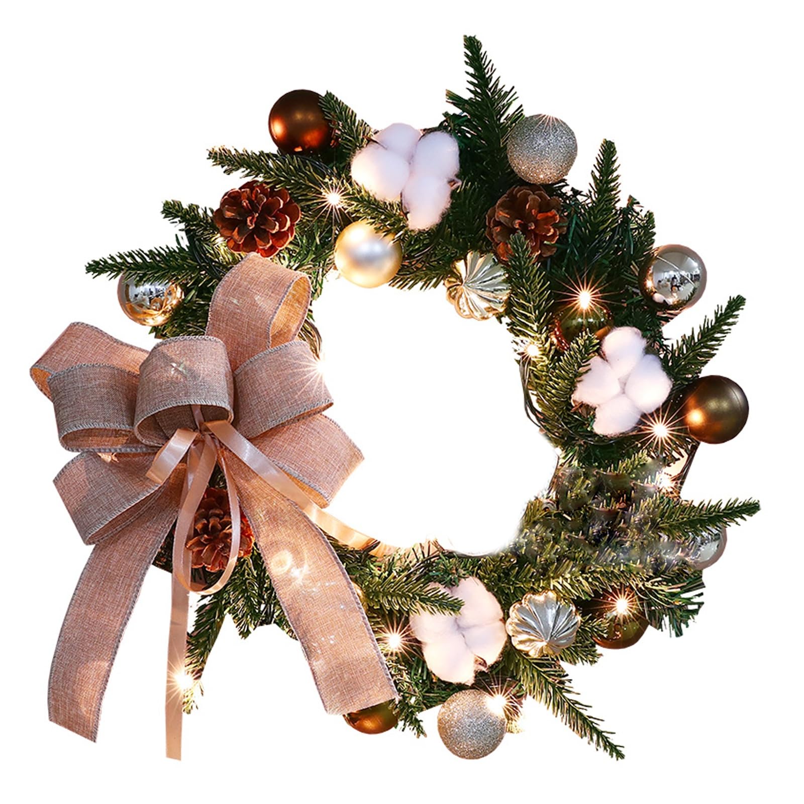 OPFdfhDFH Christmas wreaths, Door Garland with LED Light String, Pine Cones, Ribbon, Cotton, Ball Decorations, Home Decor Holiday Party for Front, Window, Wall(60cm/23.6in)